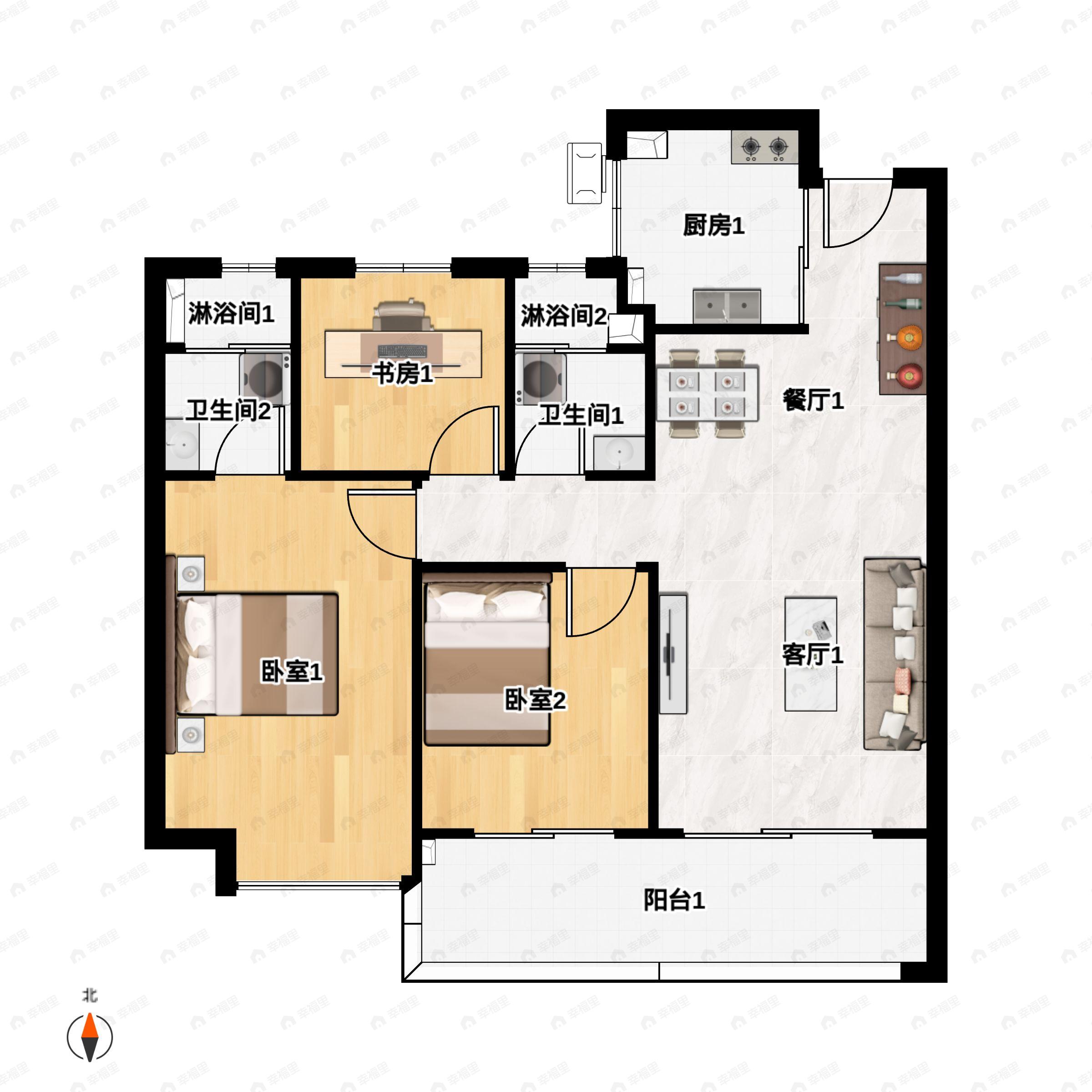3室2厅2卫建面99平南户型图