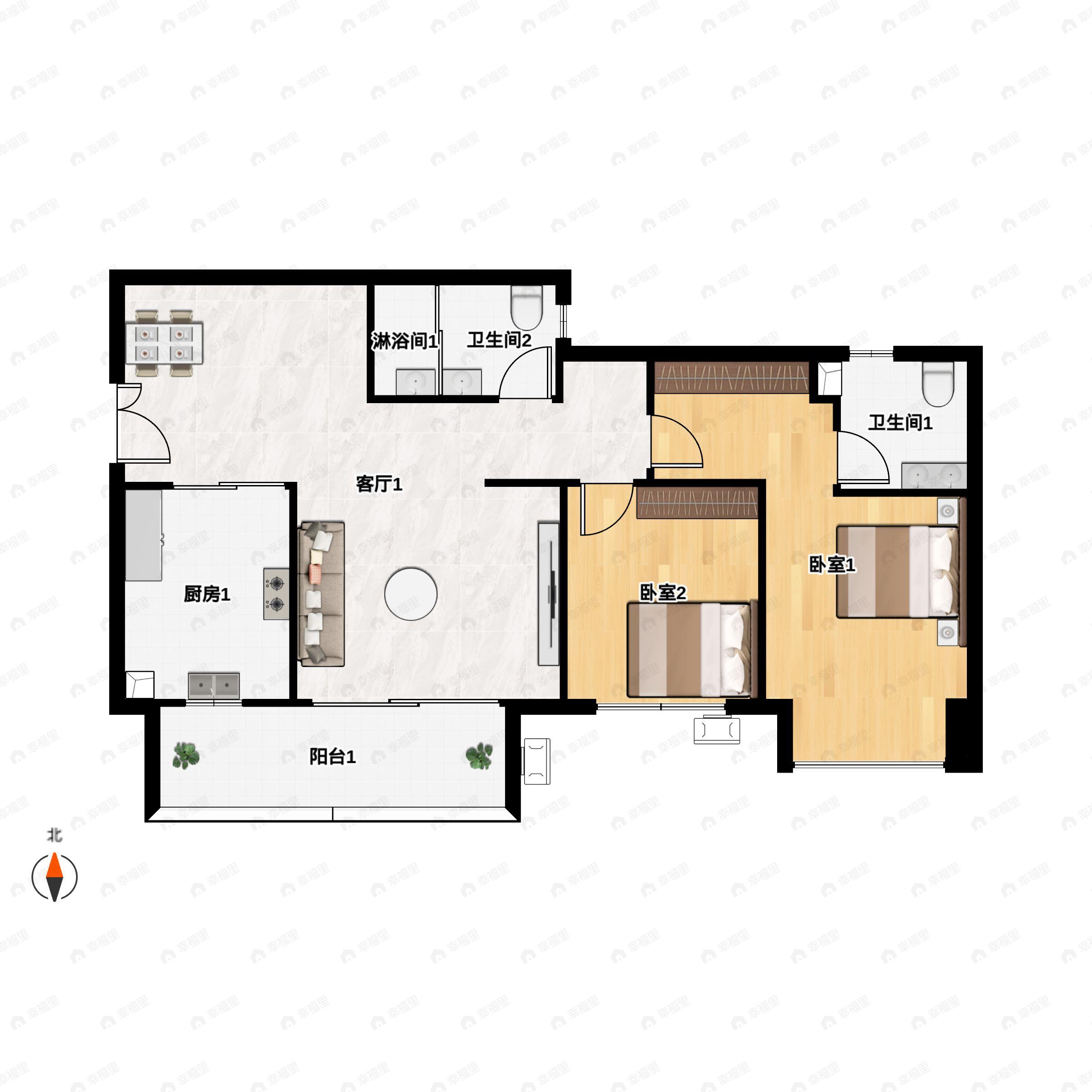 2室2厅2卫建面78m²南户型图