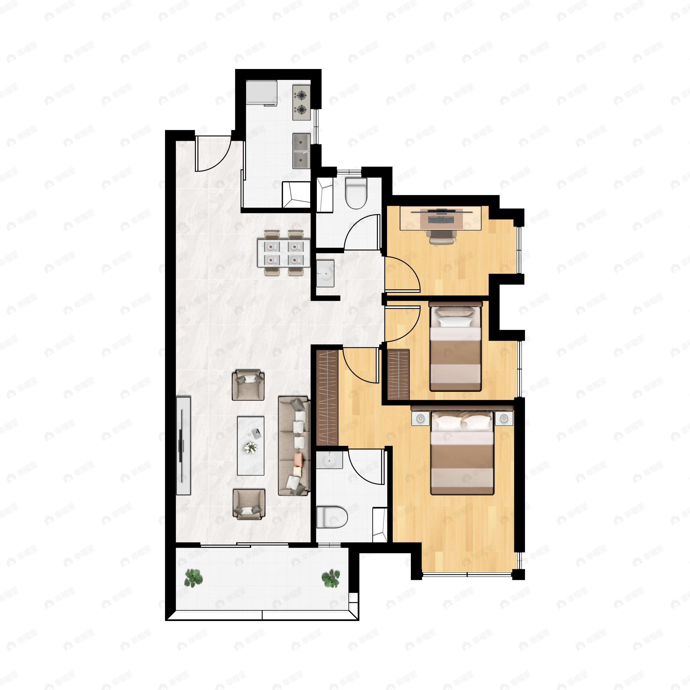 3室2厅2卫建面100平南|北户型图