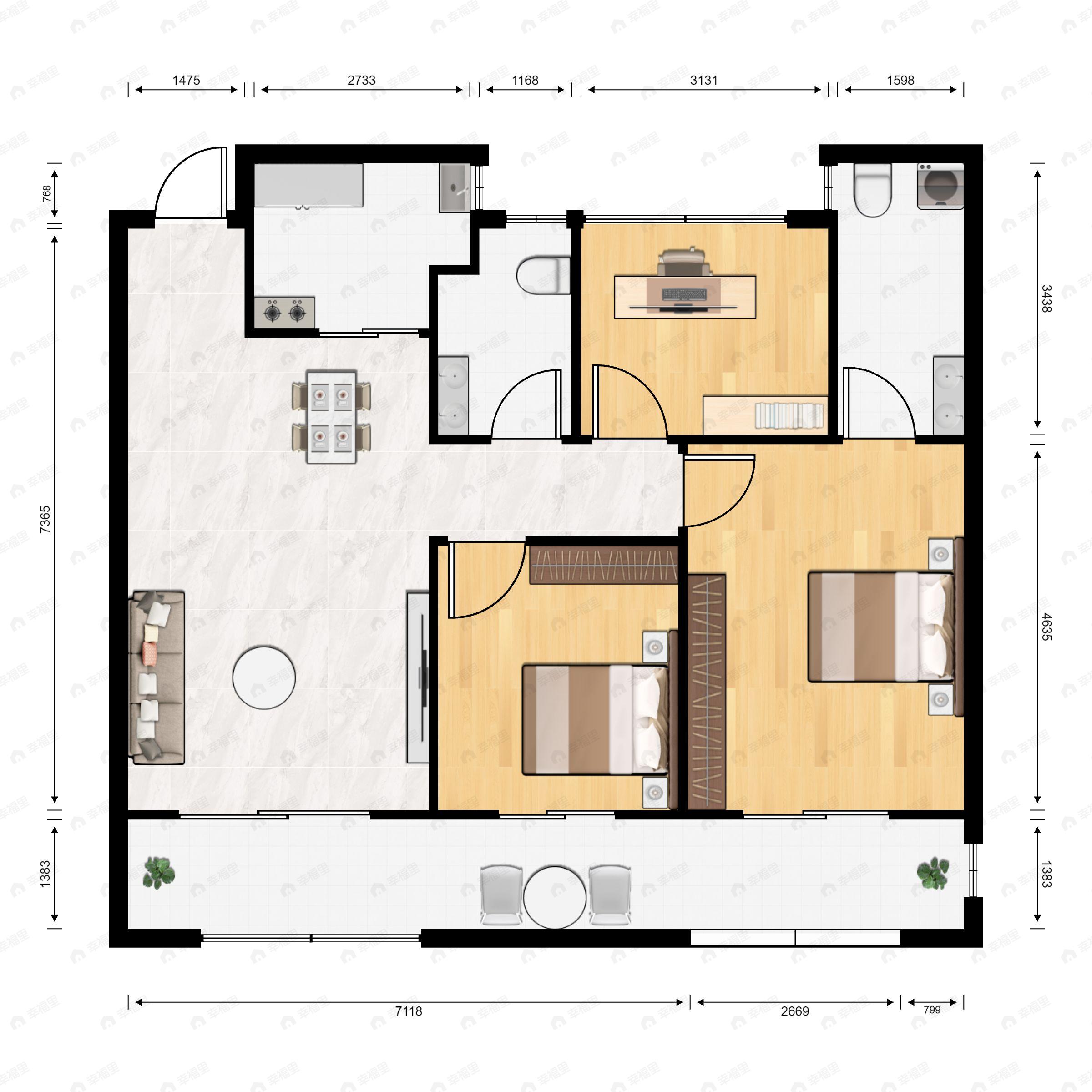 3室1厅2卫建面98m²南户型图