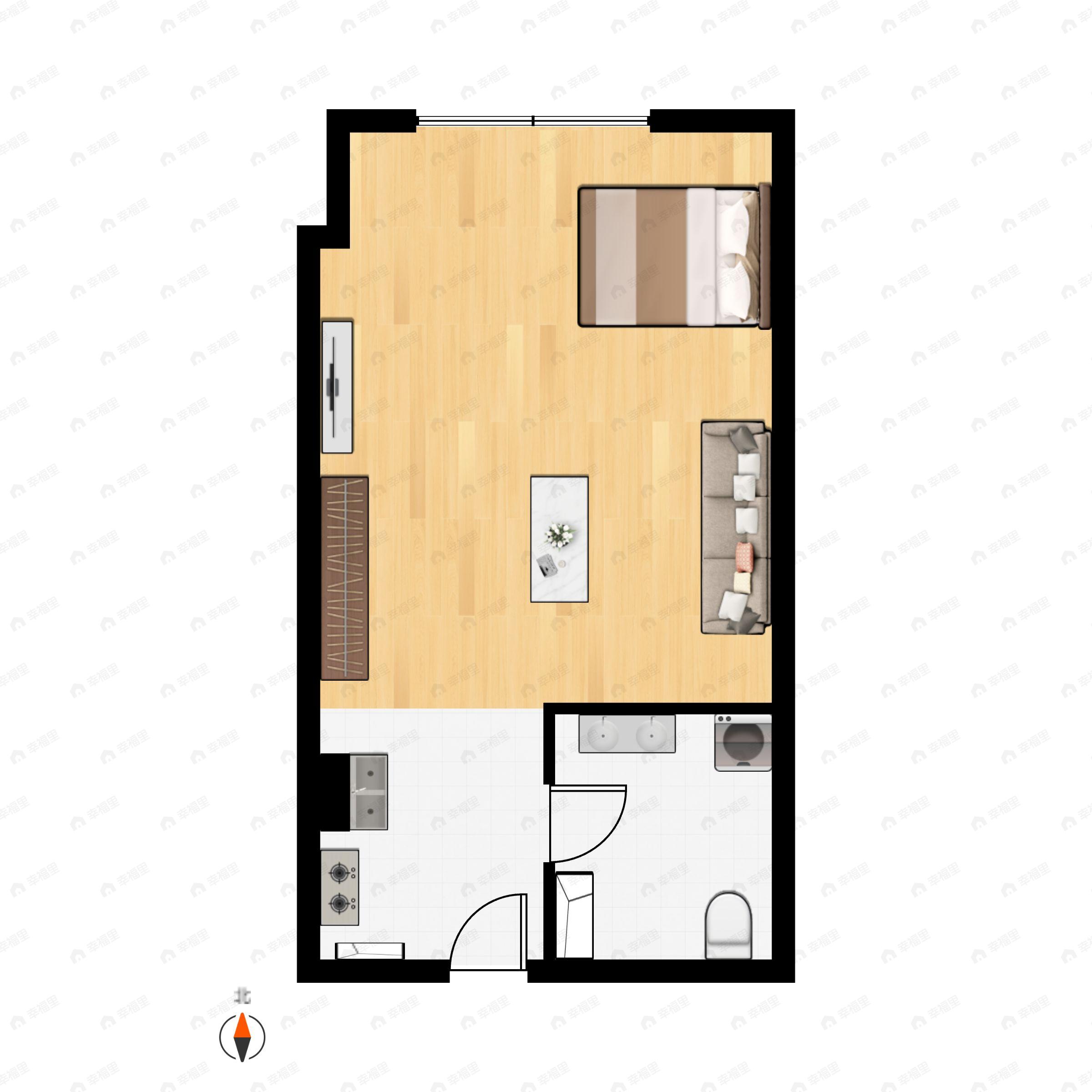 1室1厅1卫建面44m²南|东|西|北户型图