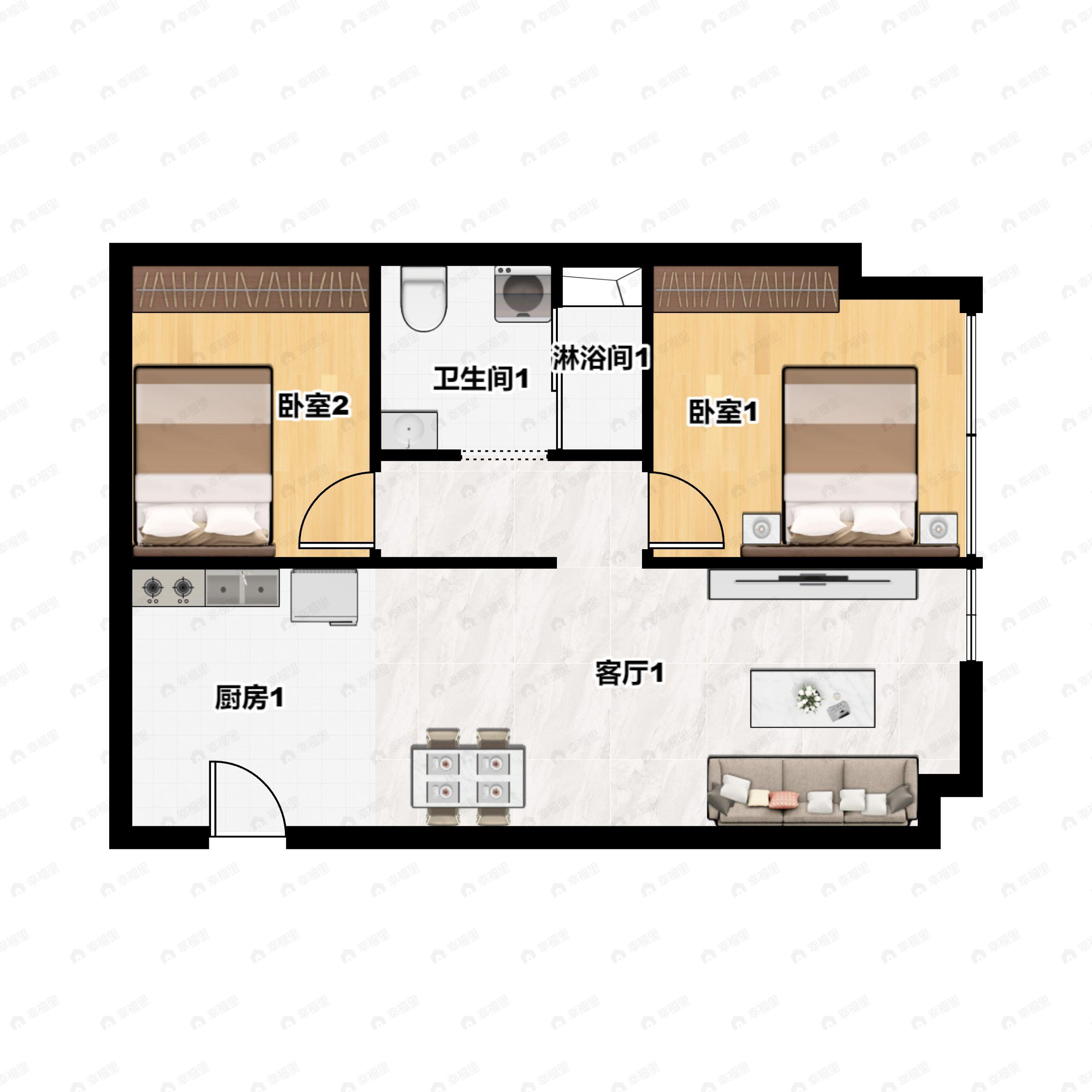 2室2厅1卫建面53平西北户型图