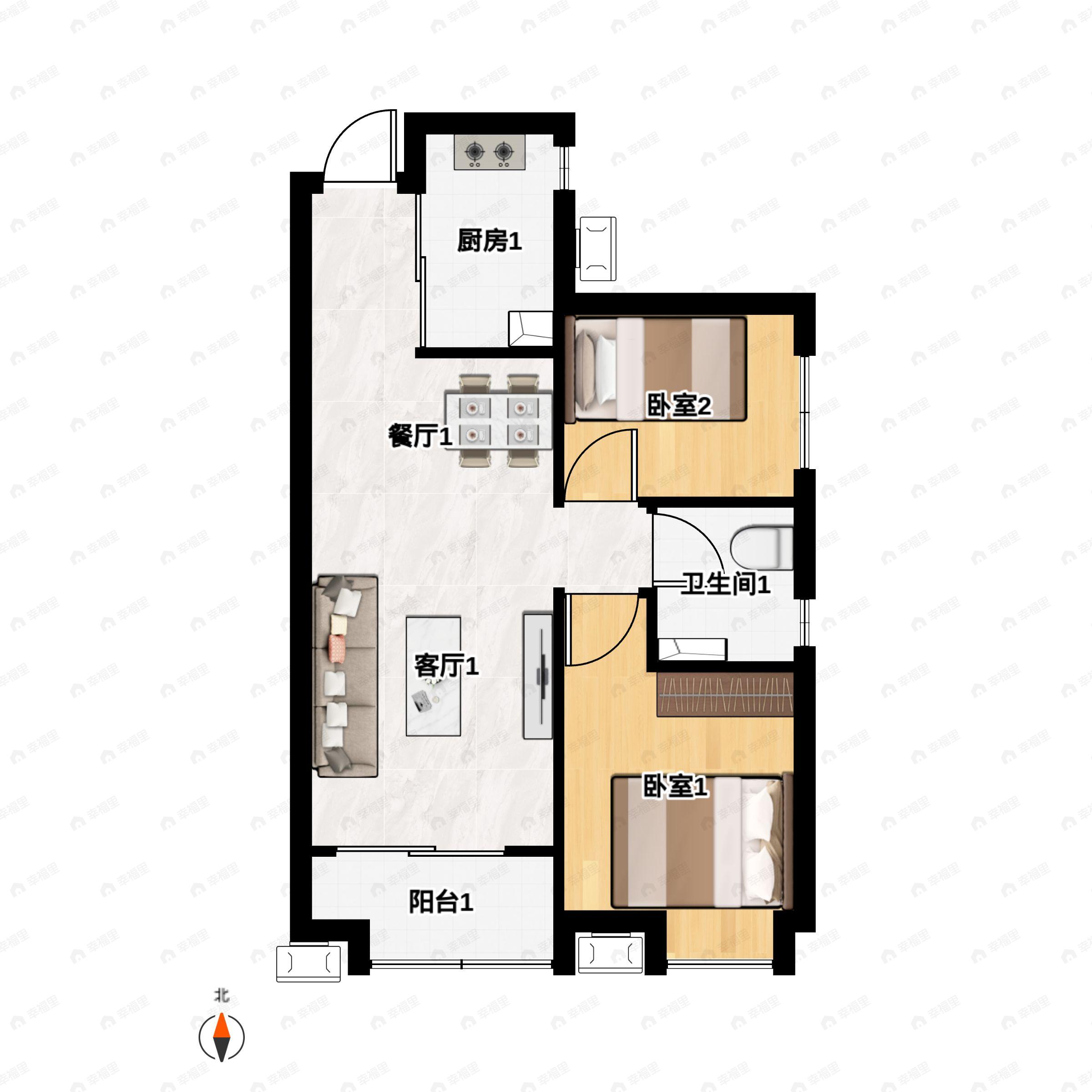 2室2厅1卫建面68m²南|北户型图