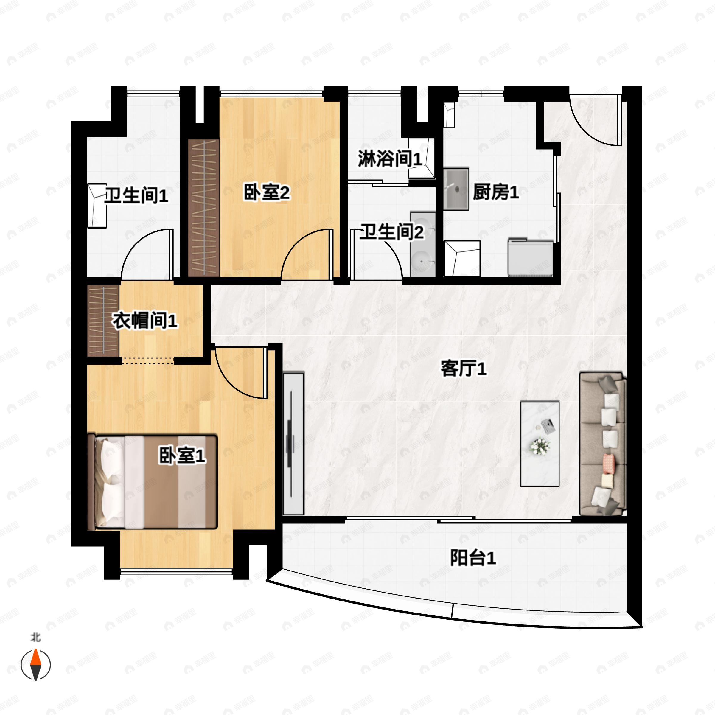 2室2厅2卫建面103平户型图