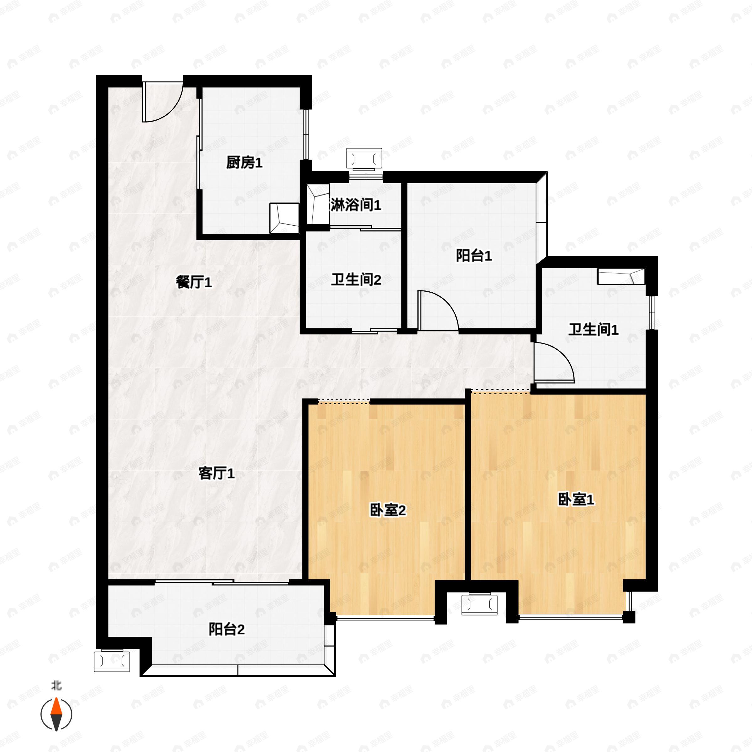 2室2厅2卫建面95m²南户型图