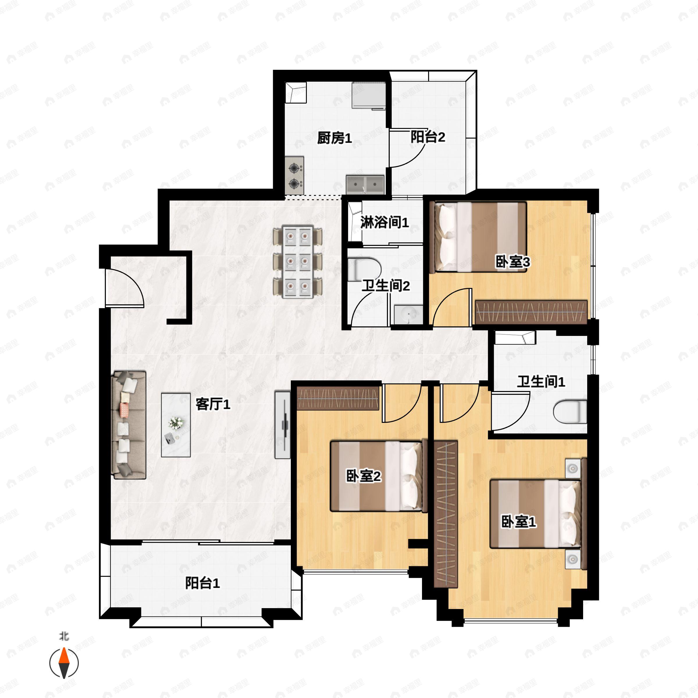 3室2厅2卫建面99平户型图
