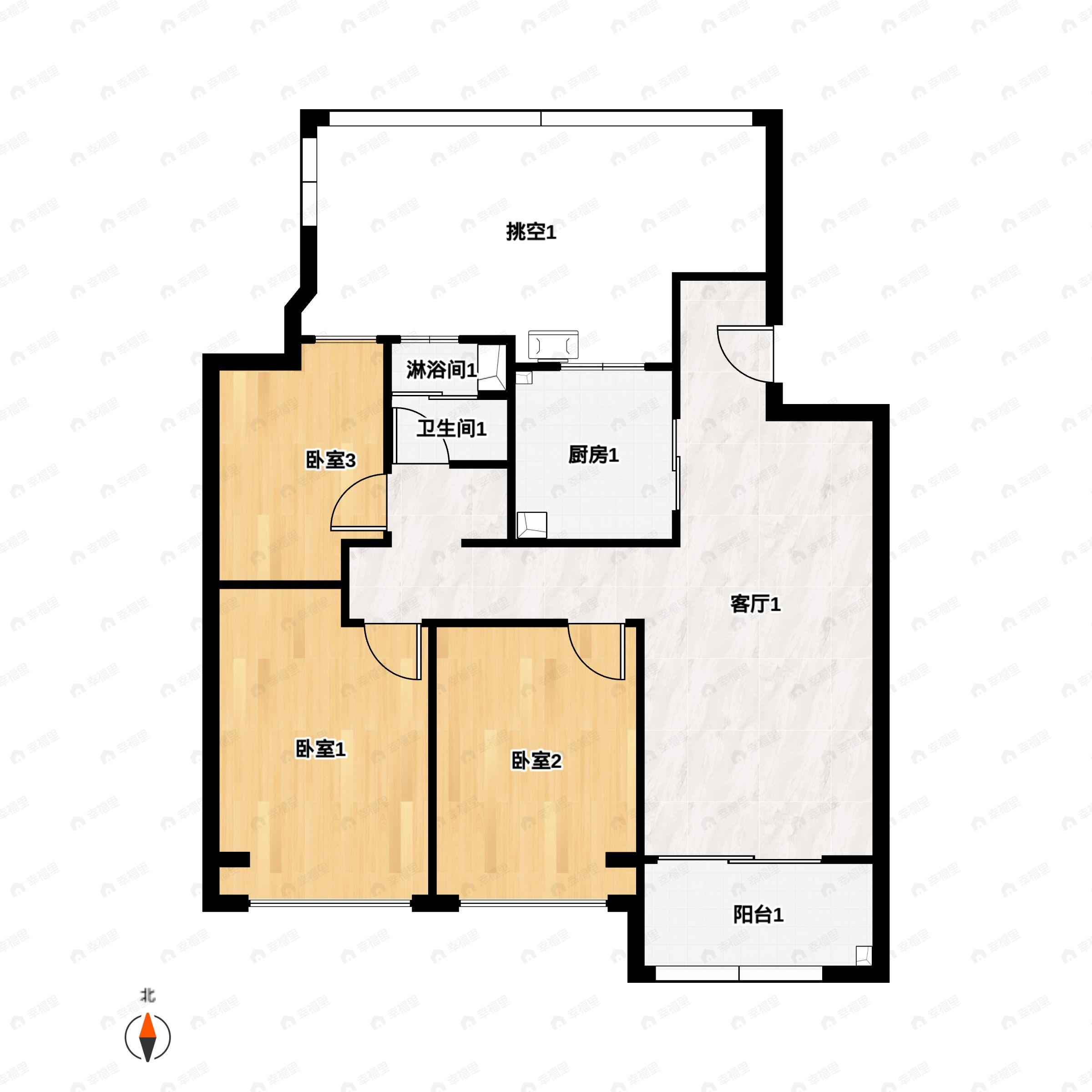 3室2厅1卫建面89m²南户型图