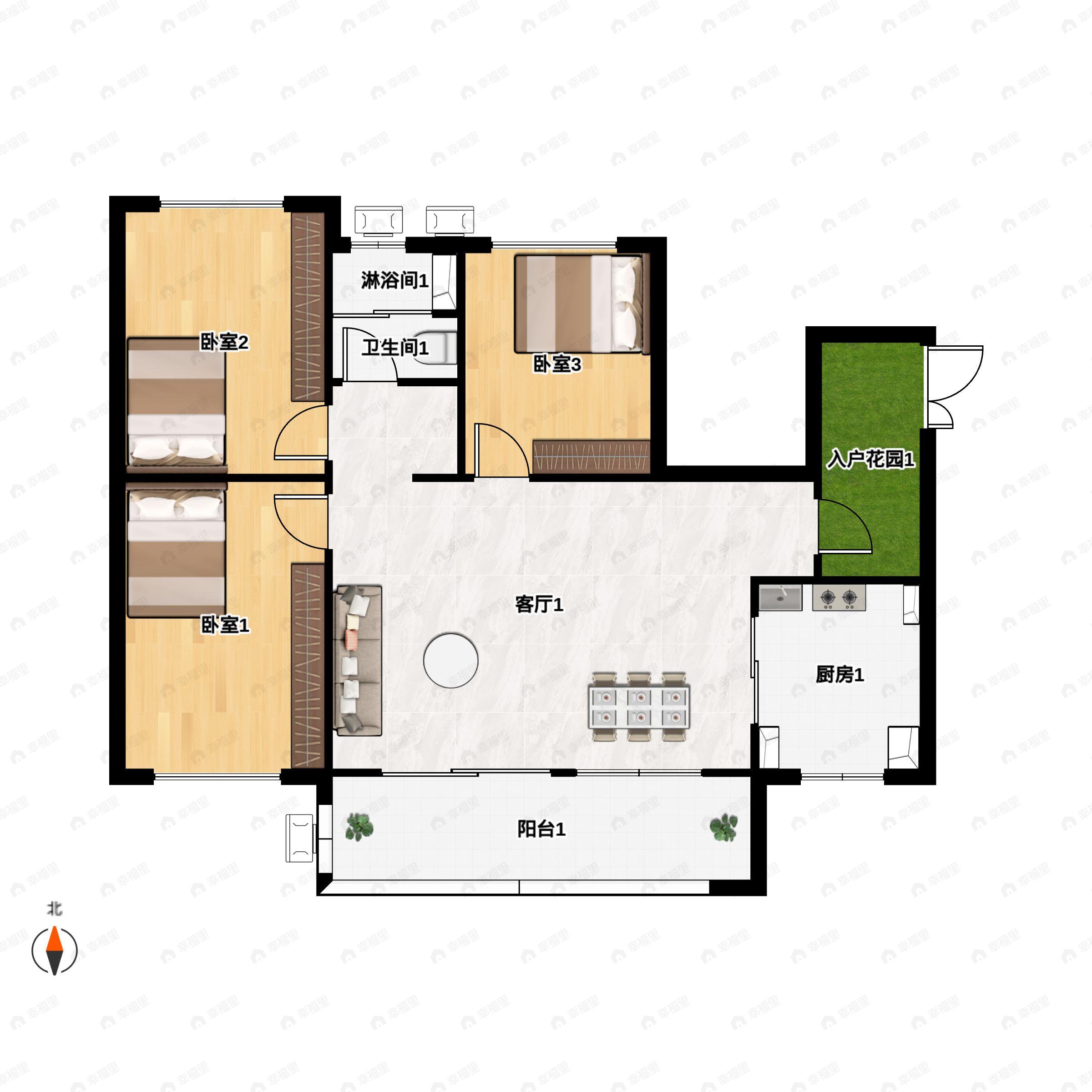 4室2厅1卫建面99平北|南户型图