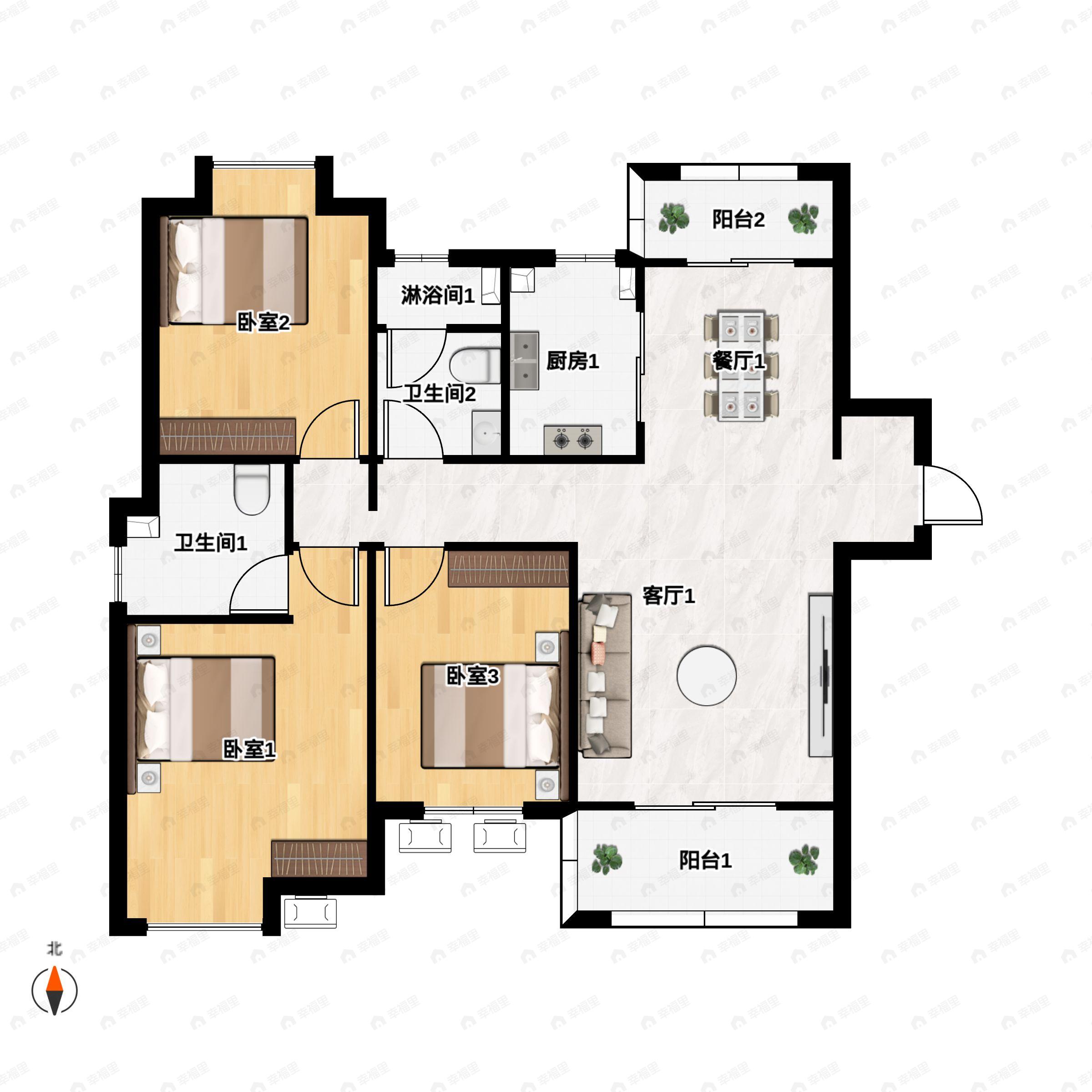 3室2厅2卫建面131平户型图