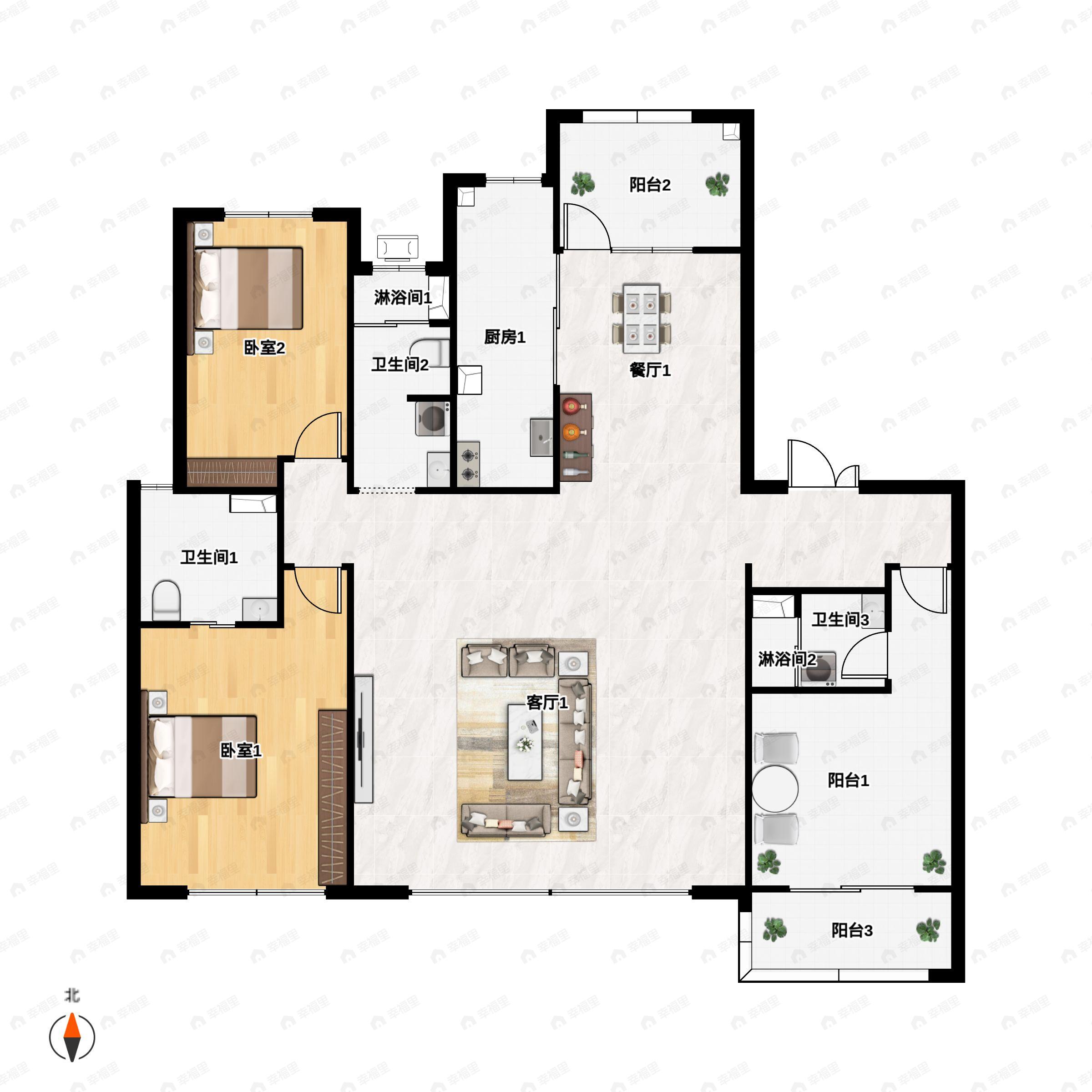 3室2厅3卫建面229m²南户型图
