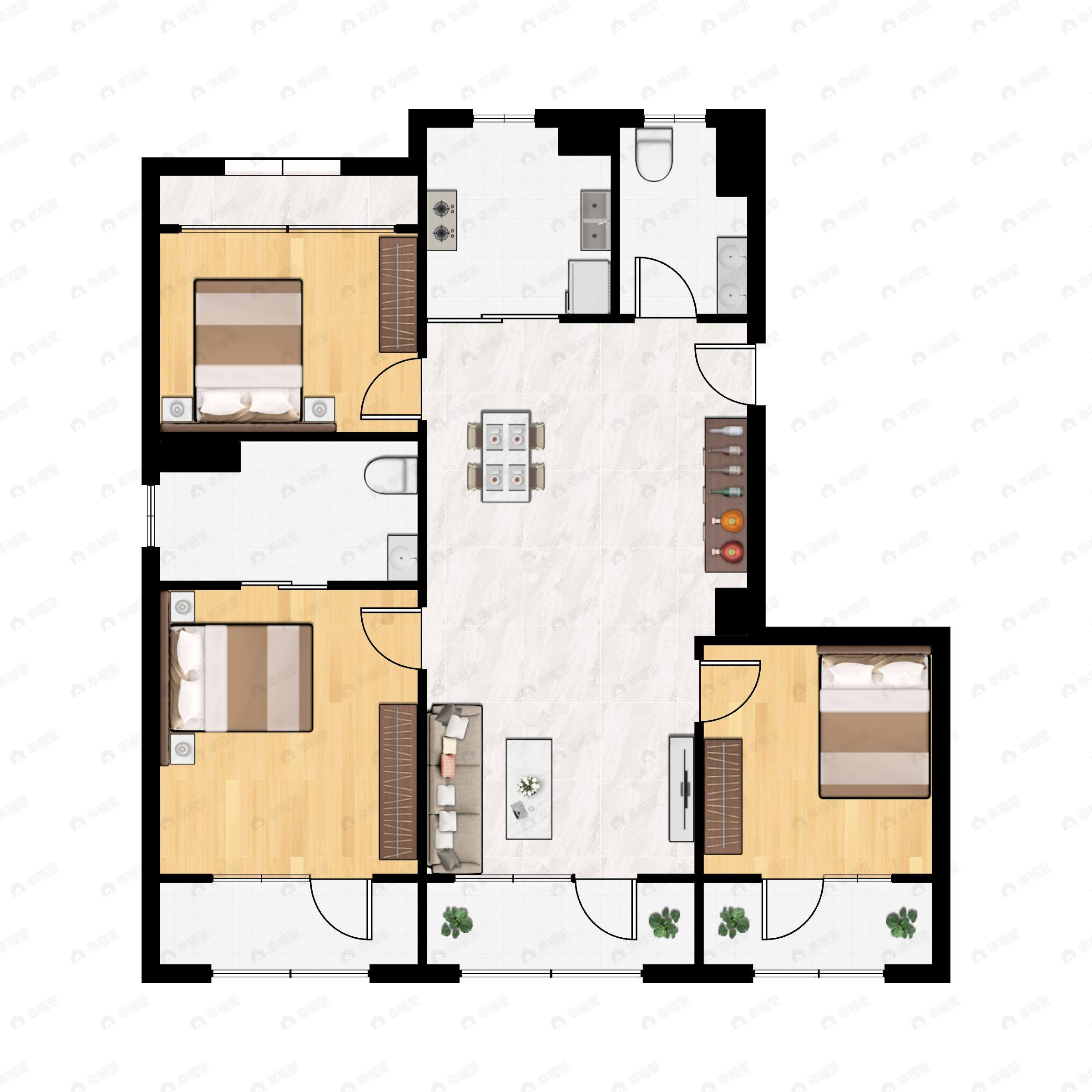 3室2厅2卫建面110平西|北|南户型图