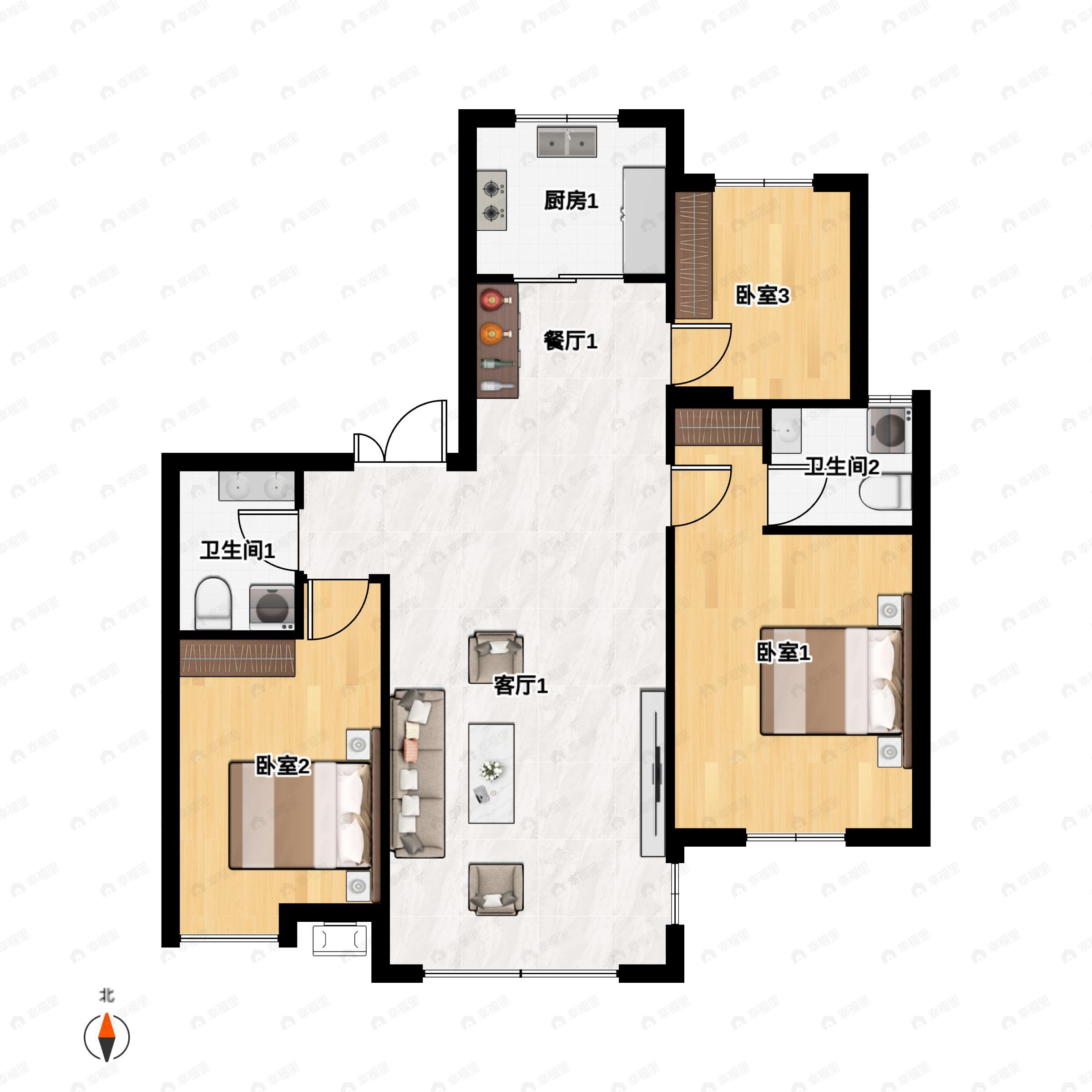 3室2厅2卫建面127m²北|南户型图