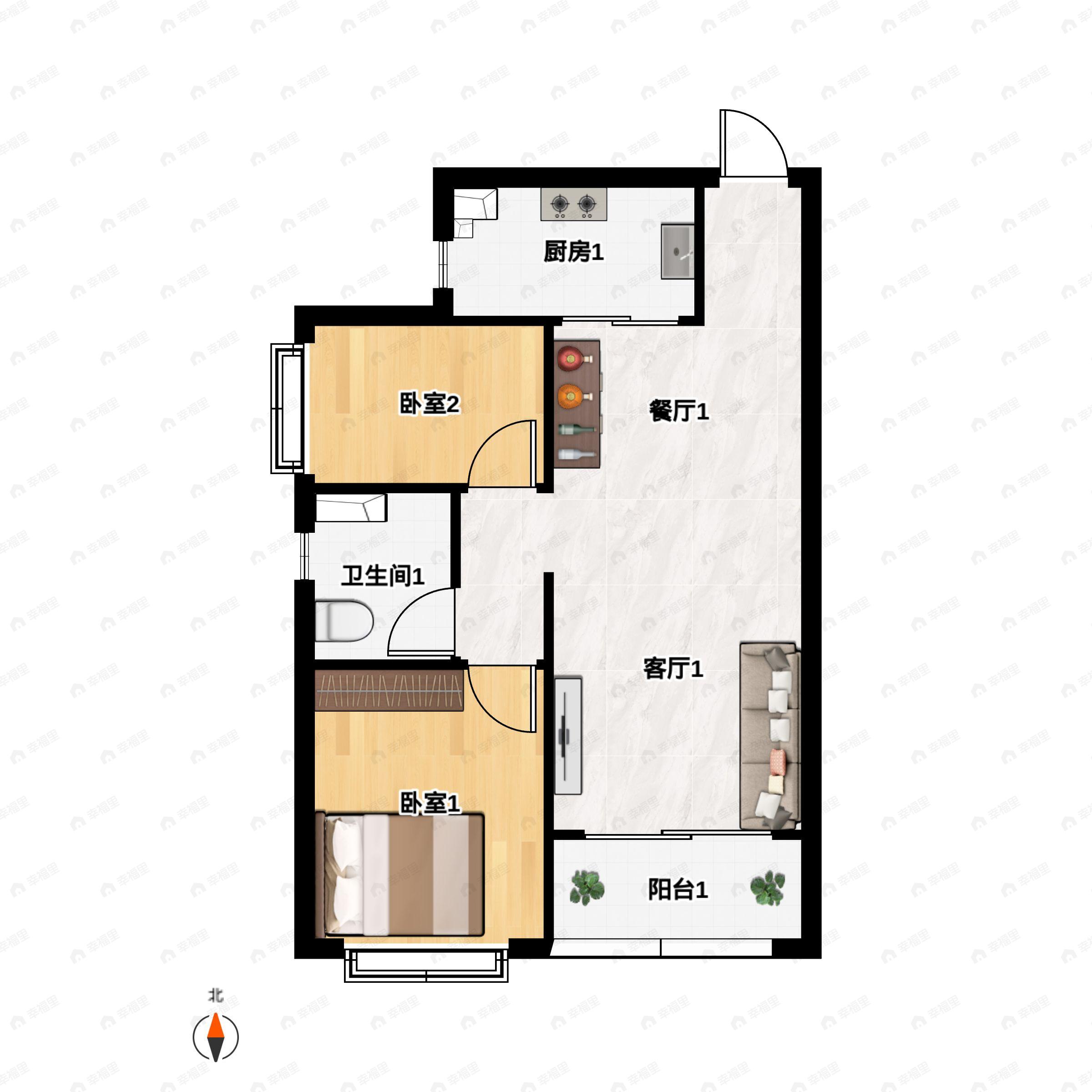 2室2厅1卫建面86m²南户型图