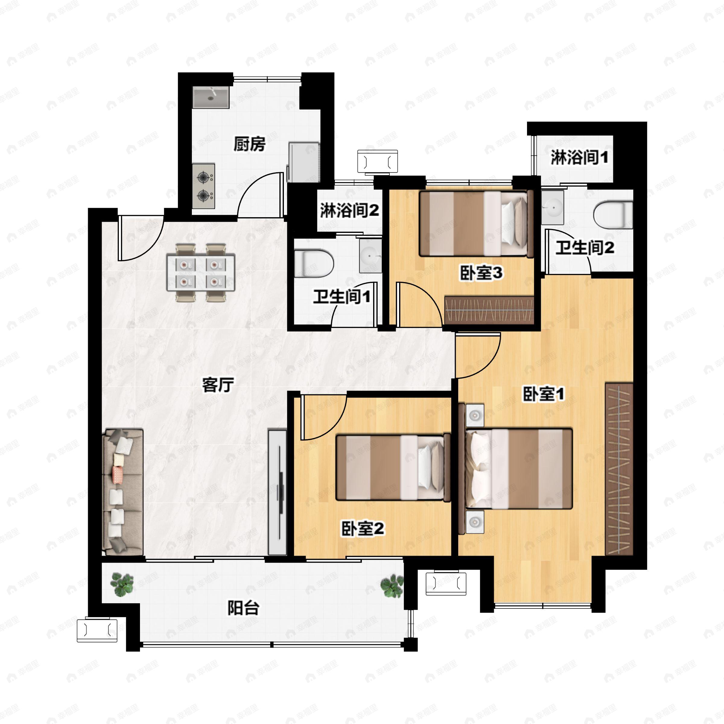3室2厅2卫建面100平南户型图