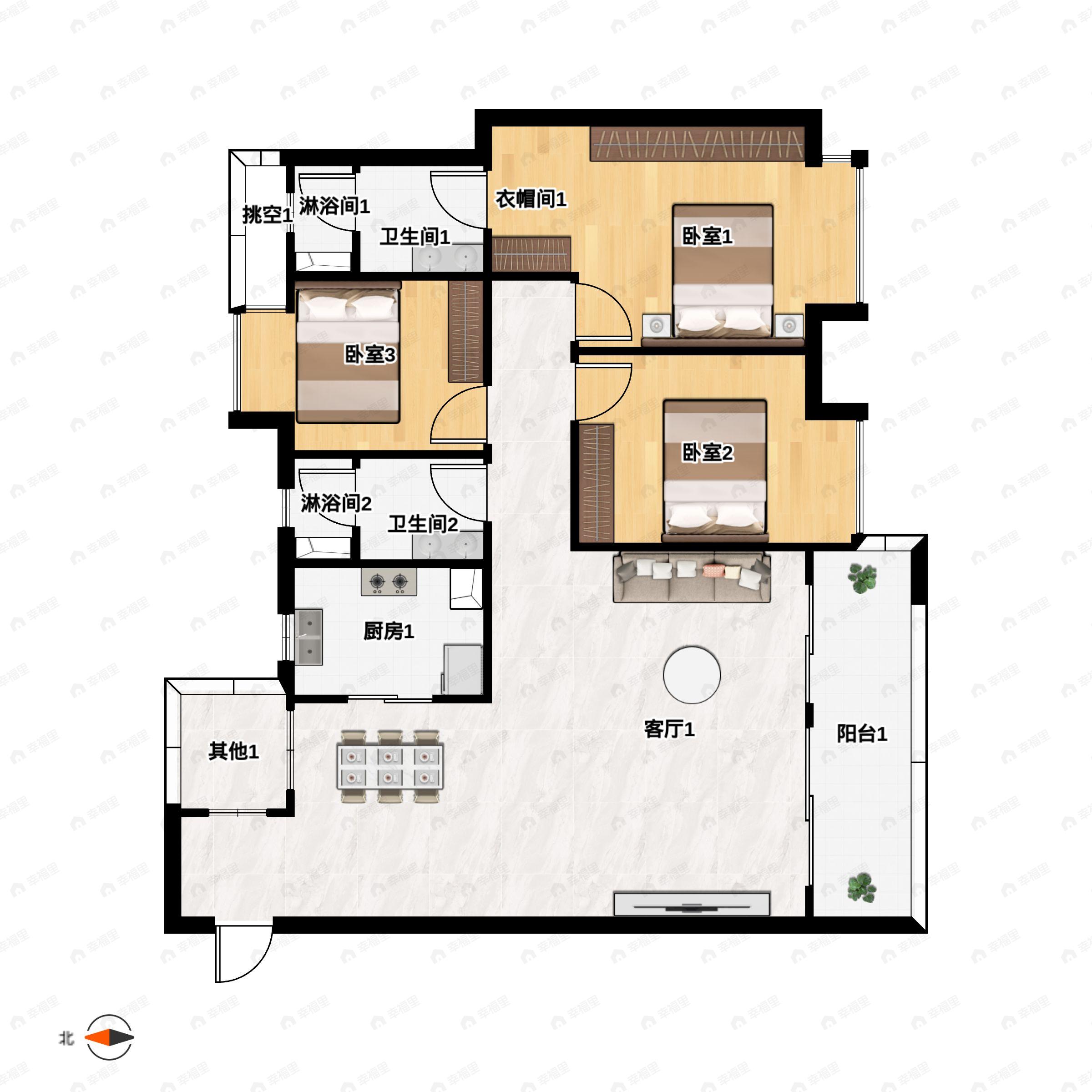 3室2厅2卫建面128平南户型图