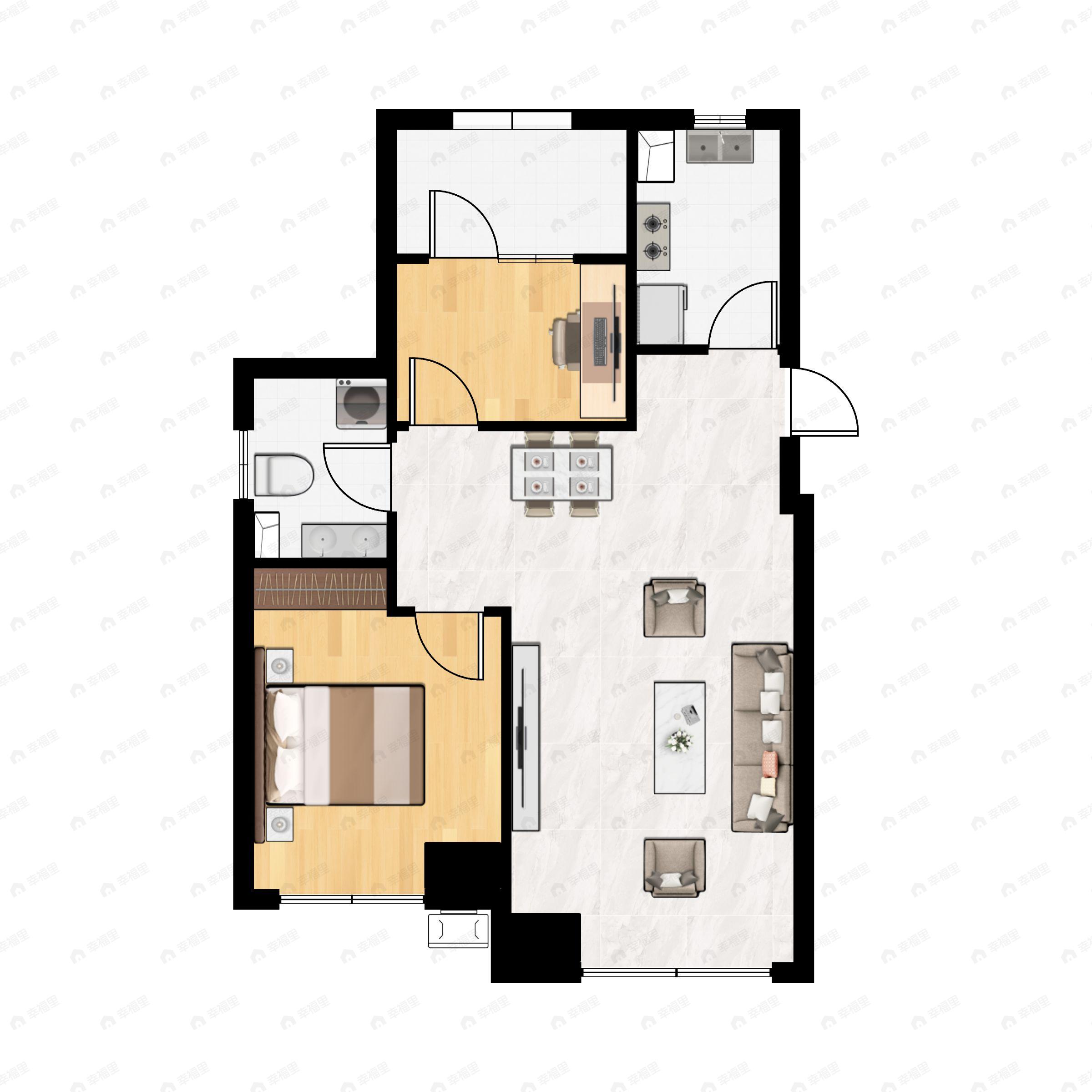 2室2厅1卫建面75m²南|北户型图