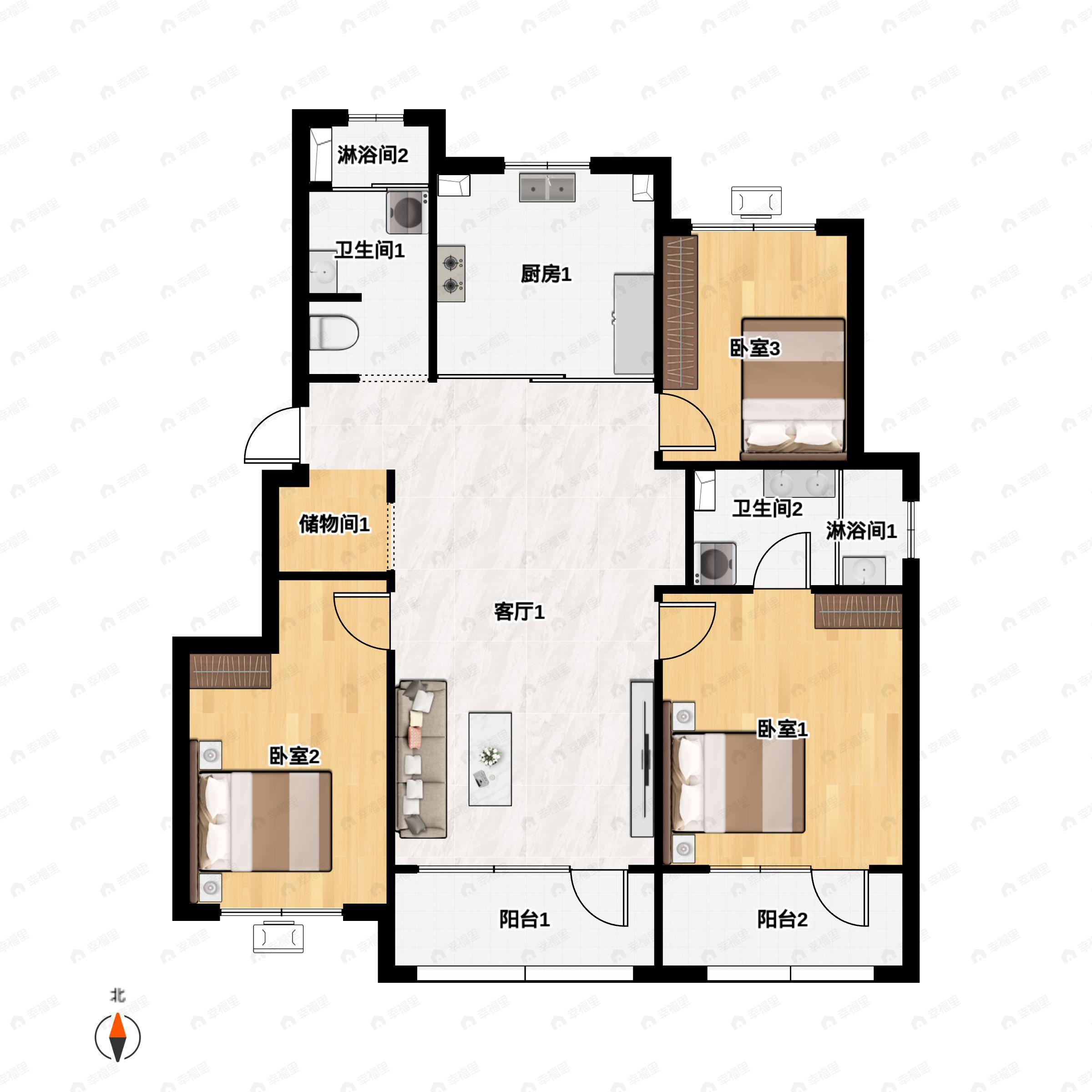 3室2厅2卫建面123m²南|北户型图