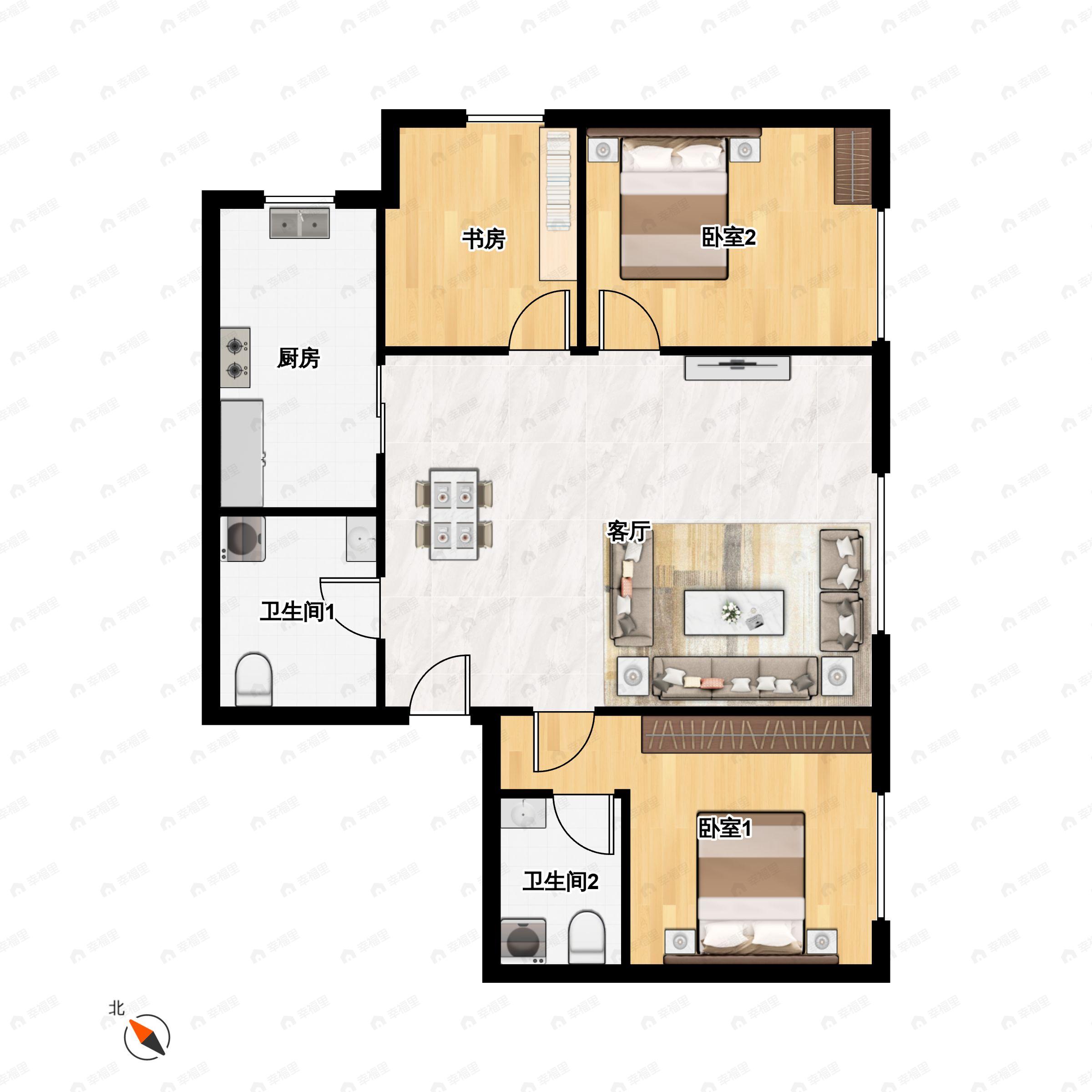 3室2厅2卫建面106平户型图
