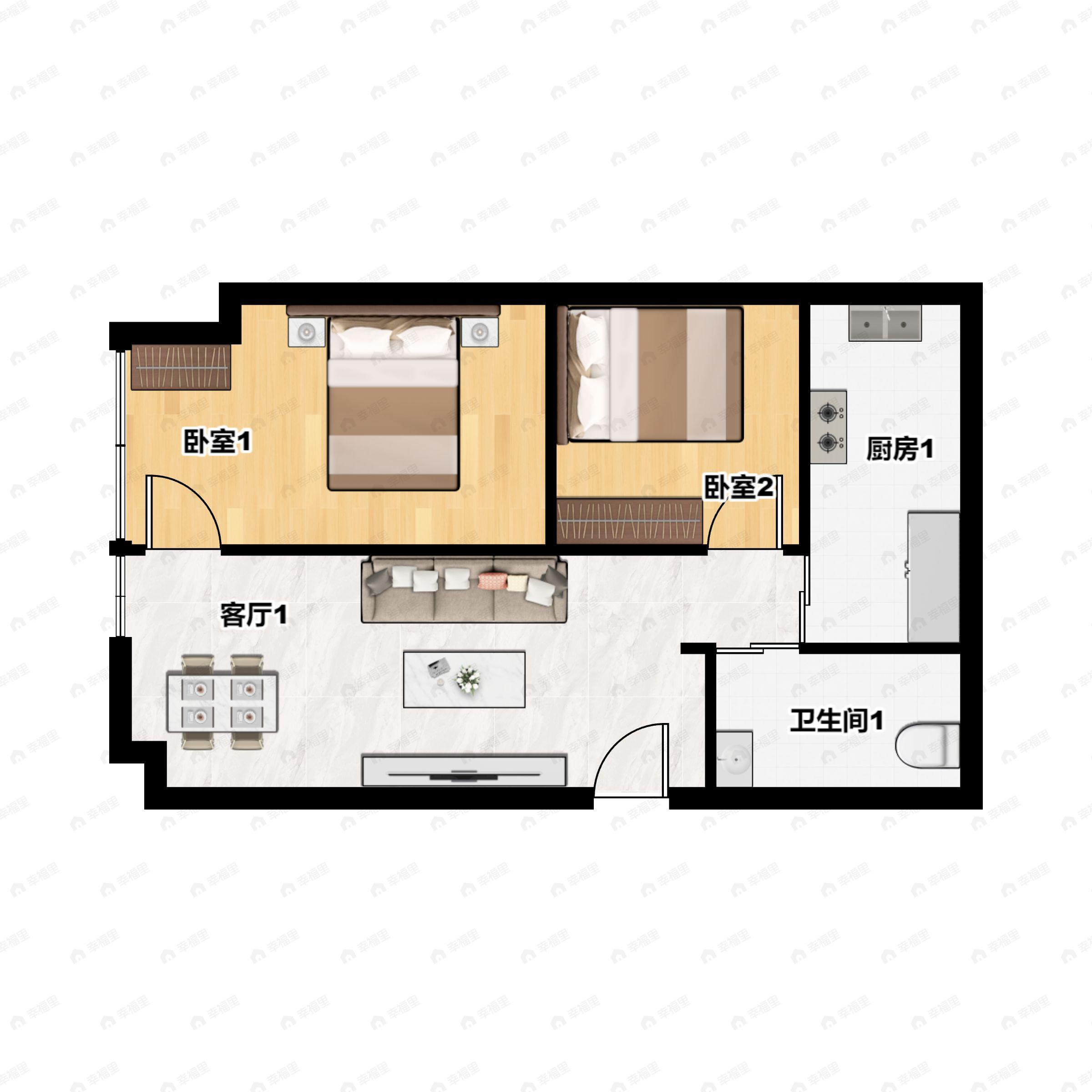 2室2厅2卫建面61平东南户型图