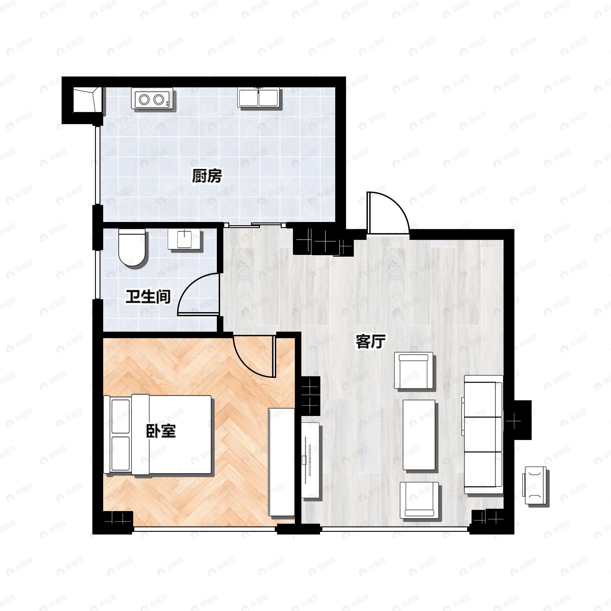 1室1厅1卫建面44平西|东|南|北户型图