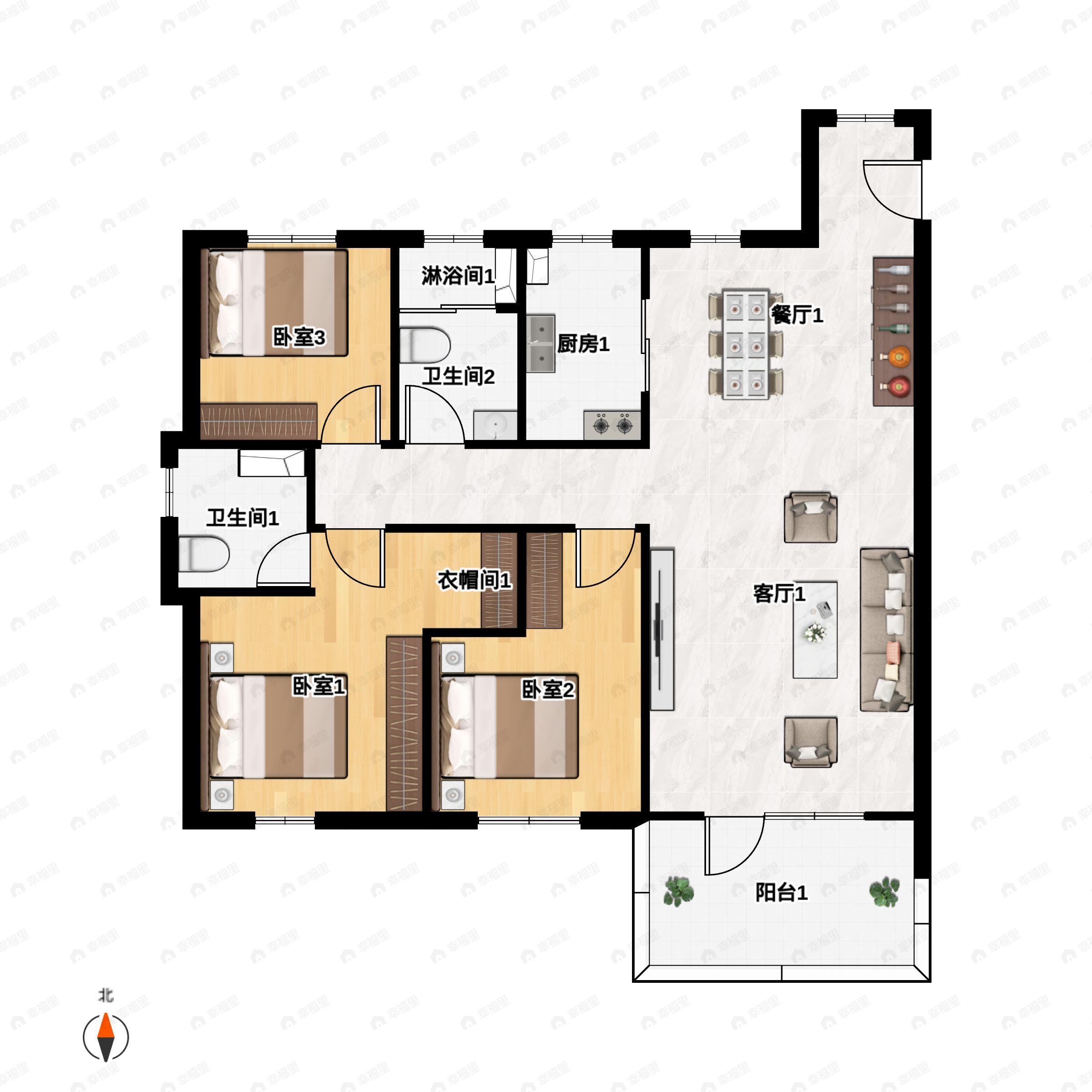 3室2厅2卫建面136平户型图
