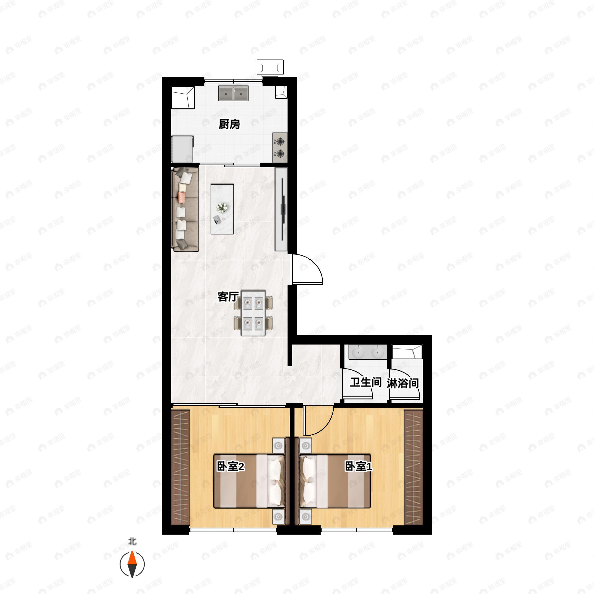 2室2厅1卫建面77平户型图