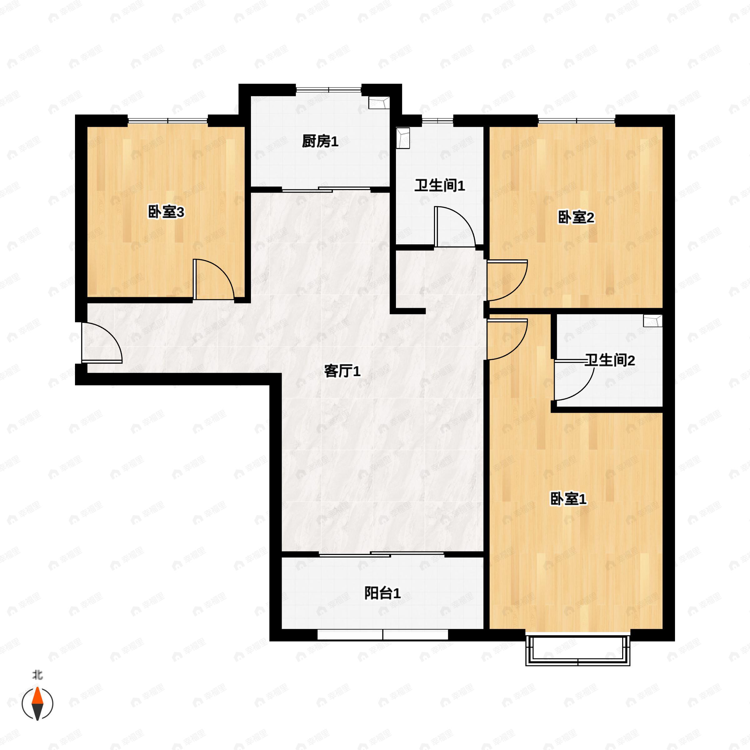 3室2厅2卫建面107平南|北户型图