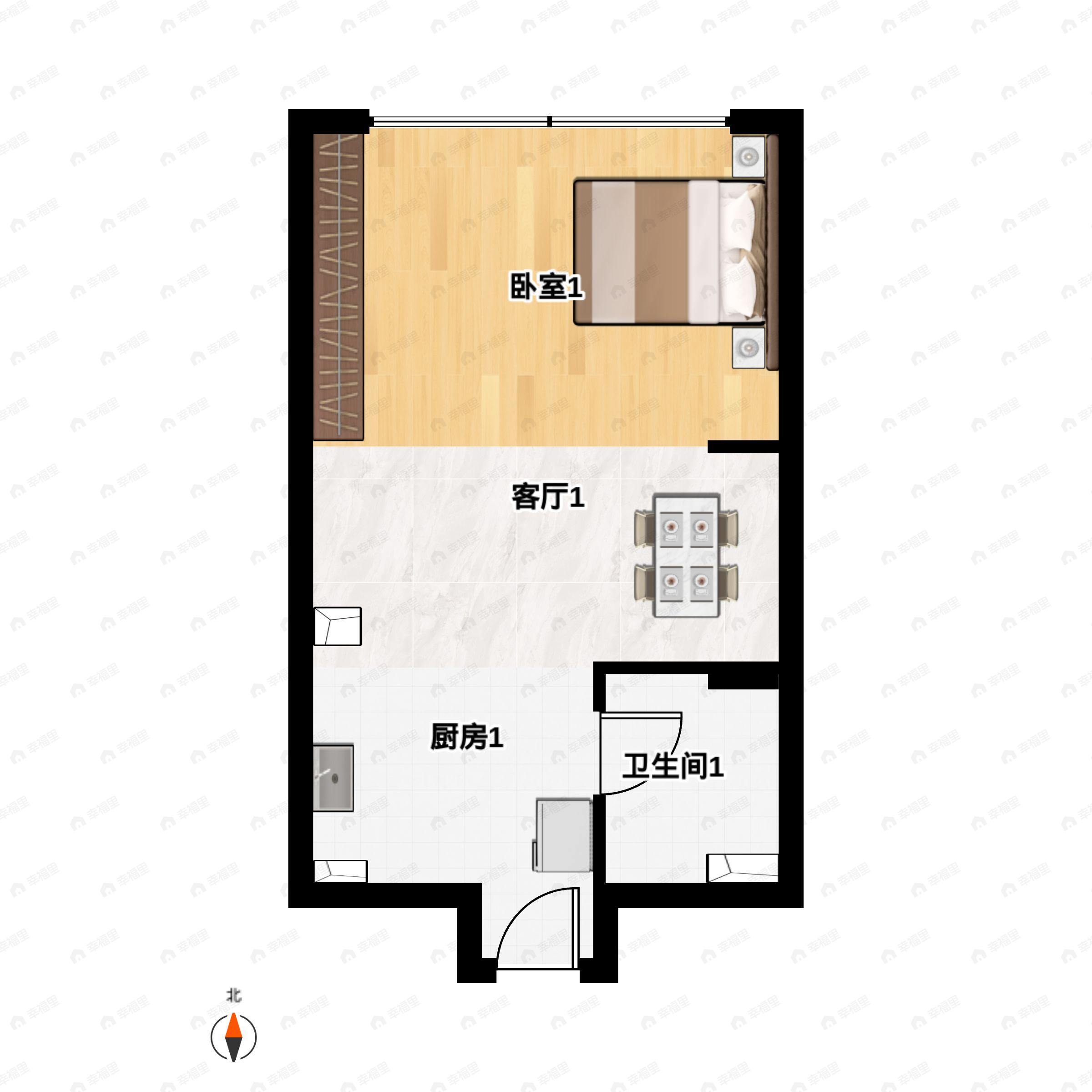 1室1厅1卫建面66m²北户型图