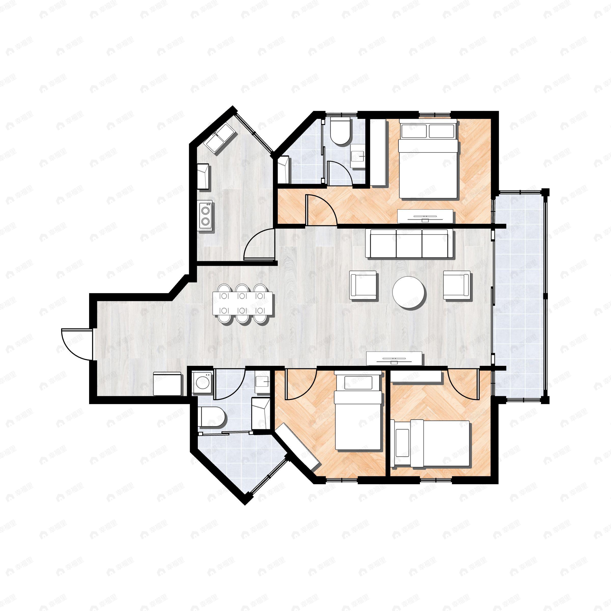 3室2厅2卫建面104平北|南户型图