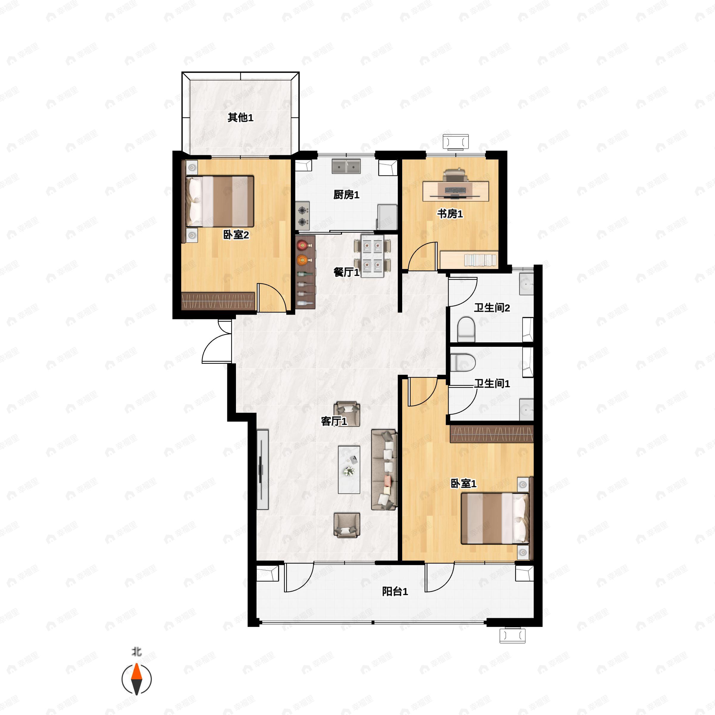 3室2厅2卫建面123平南|北户型图