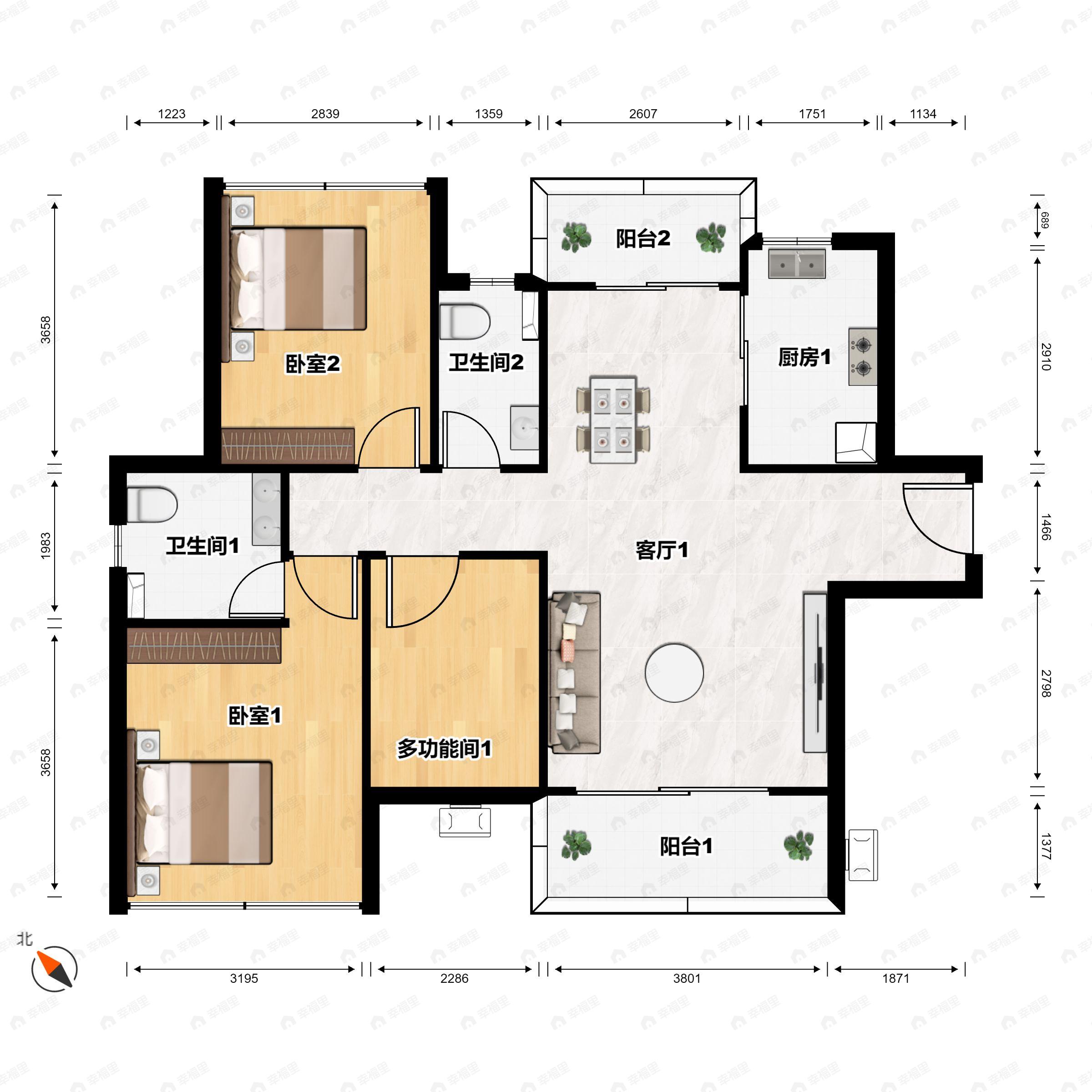 3室2厅2卫建面104m²南户型图