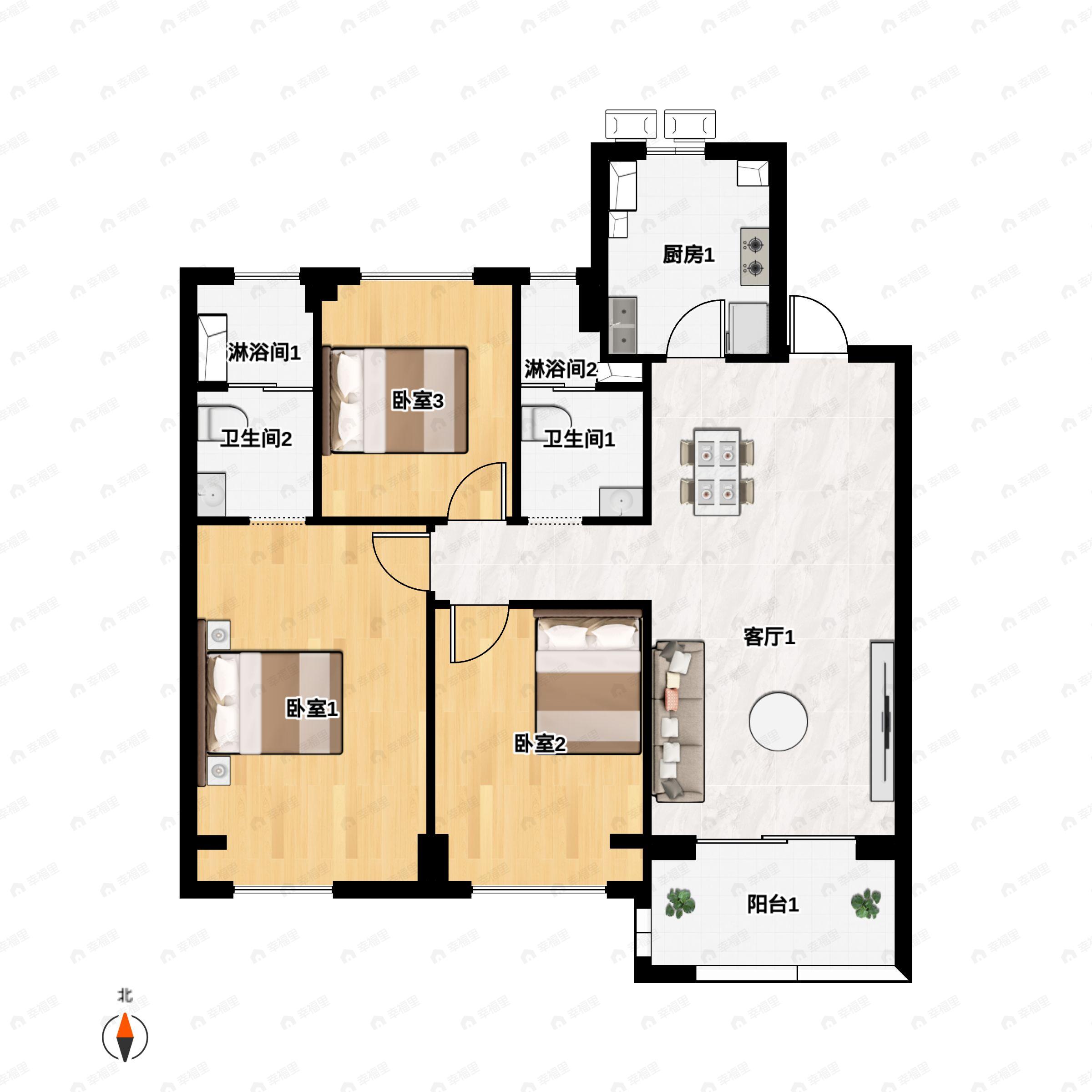 3室2厅2卫建面99平户型图