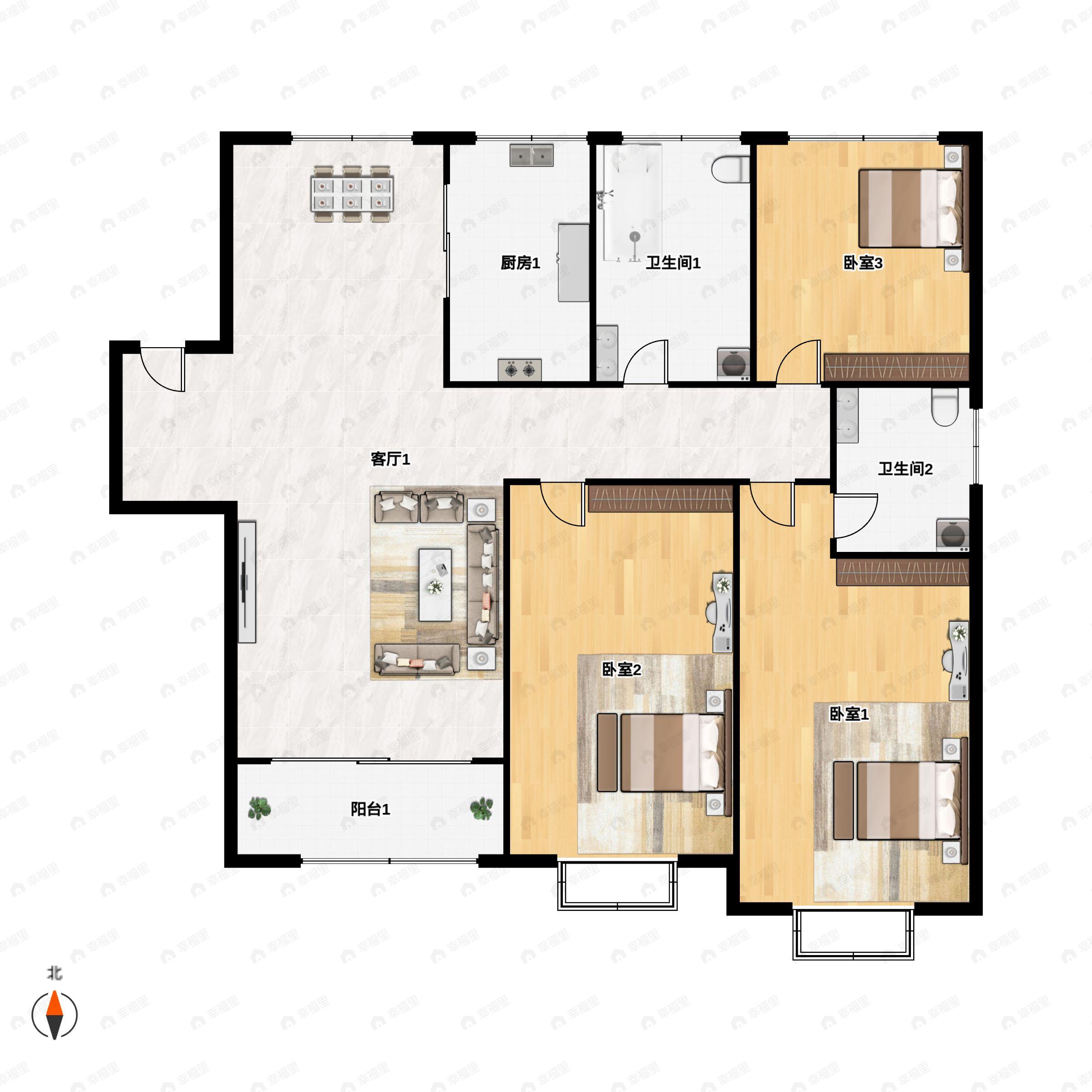 3室2厅2卫建面130m²南户型图