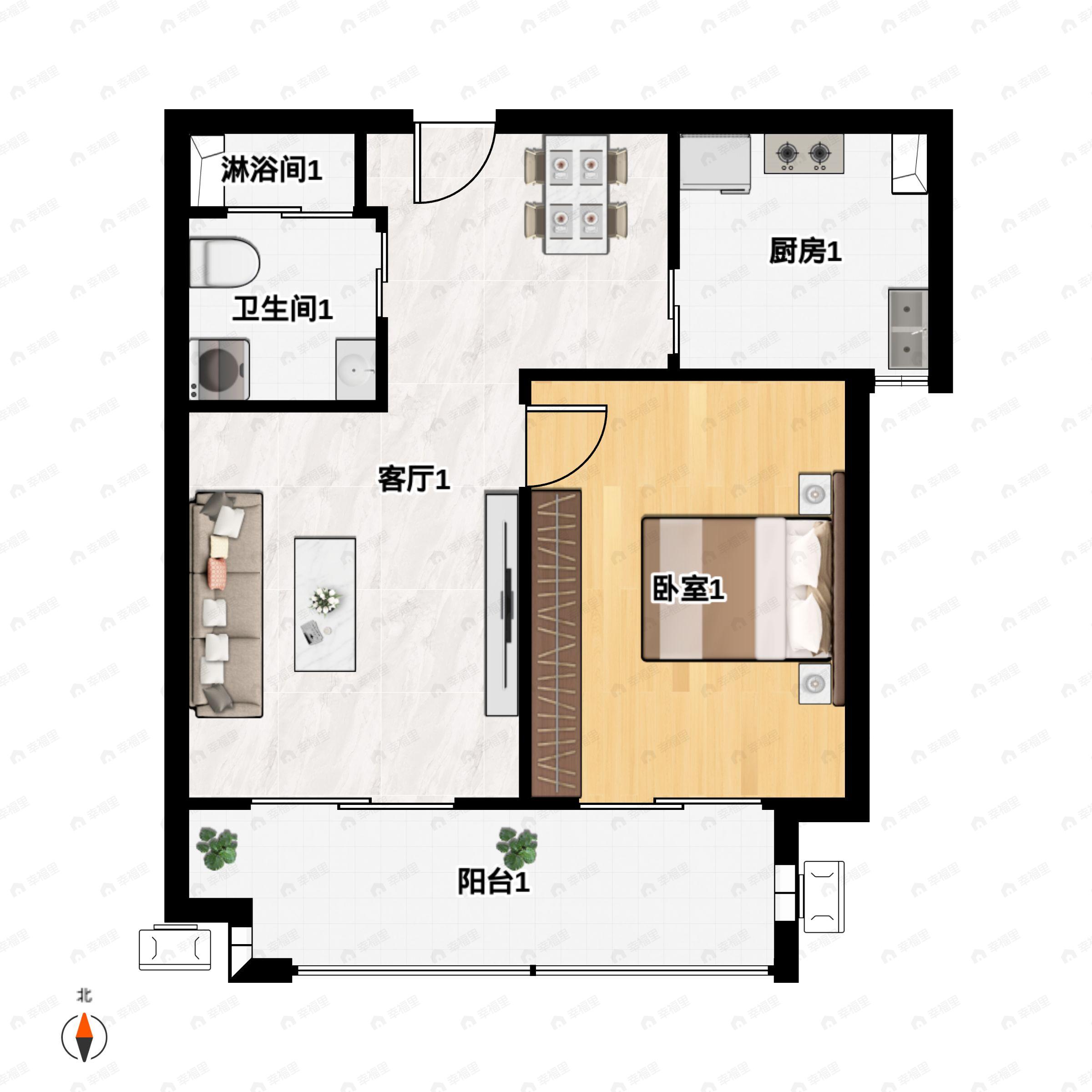 1室2厅1卫建面65平北|南户型图