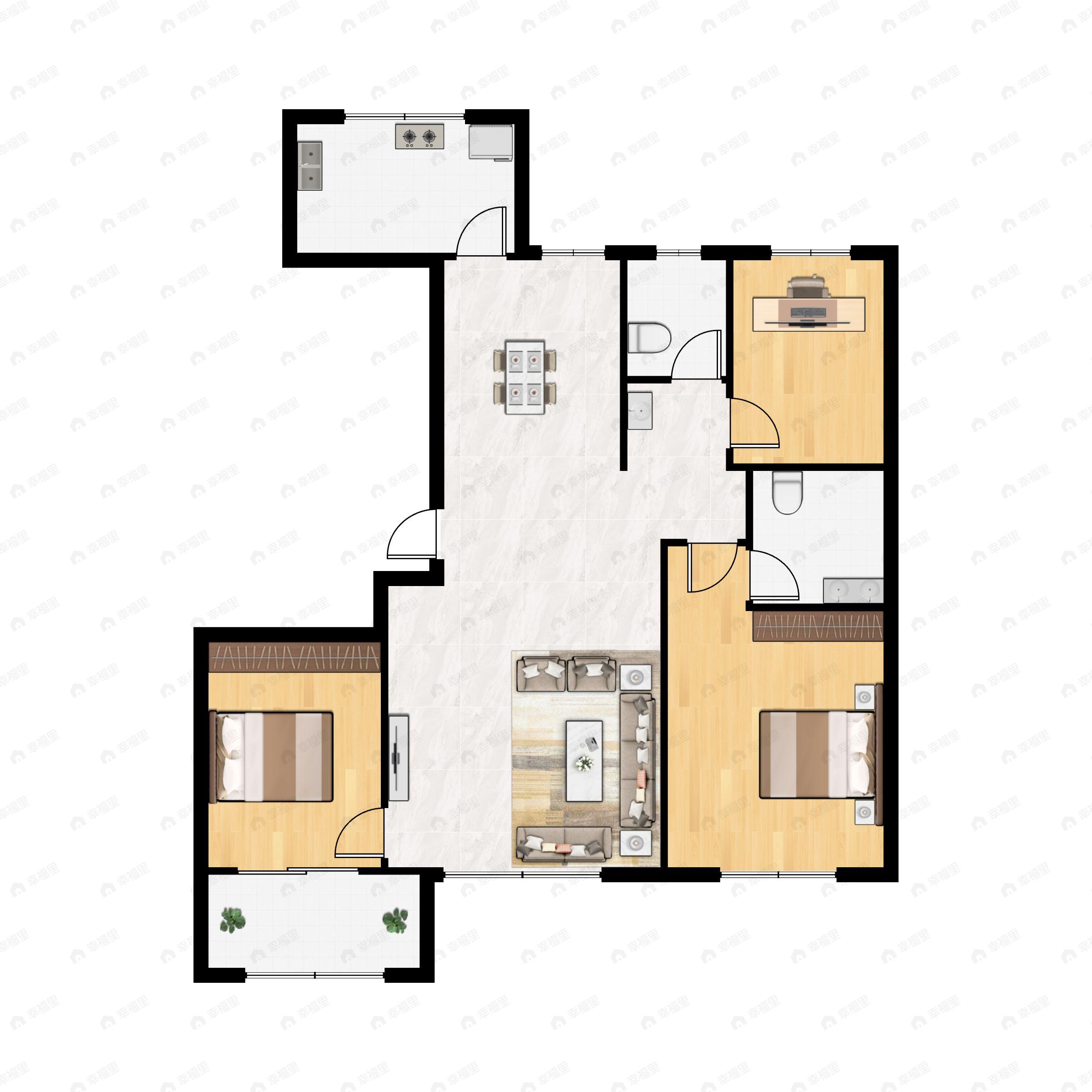 3室2厅2卫建面117m²南户型图