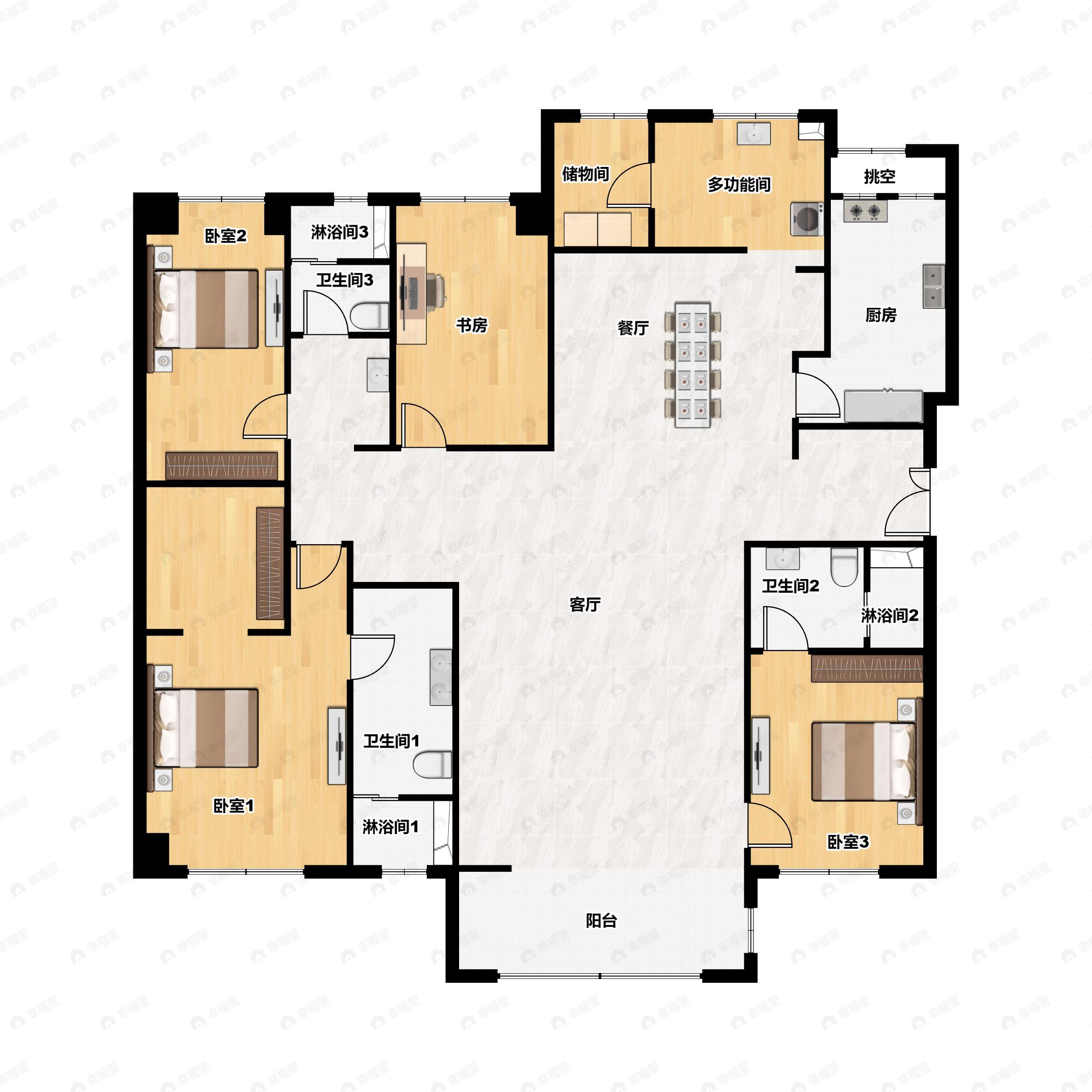 4室2厅3卫建面225平南|北户型图
