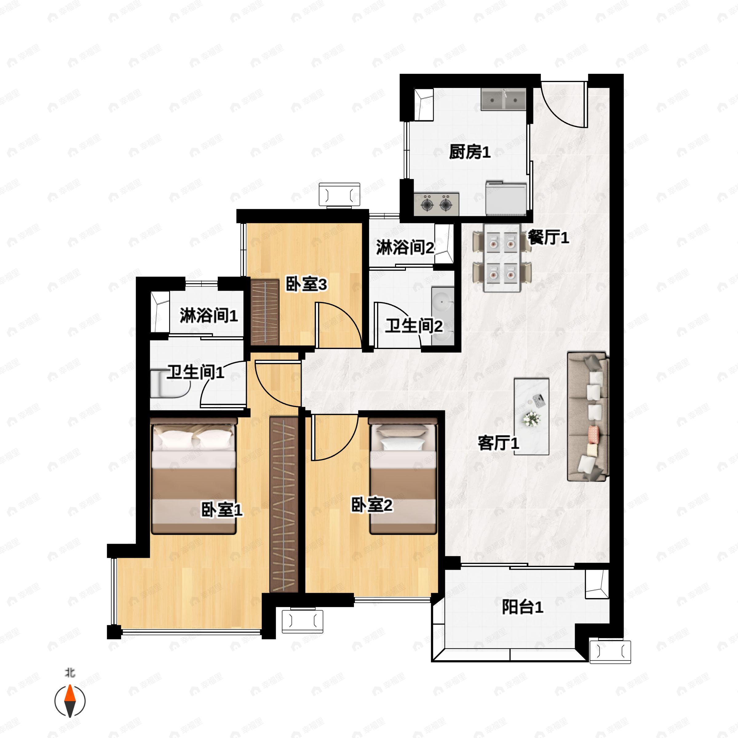 3室2厅2卫建面106平户型图