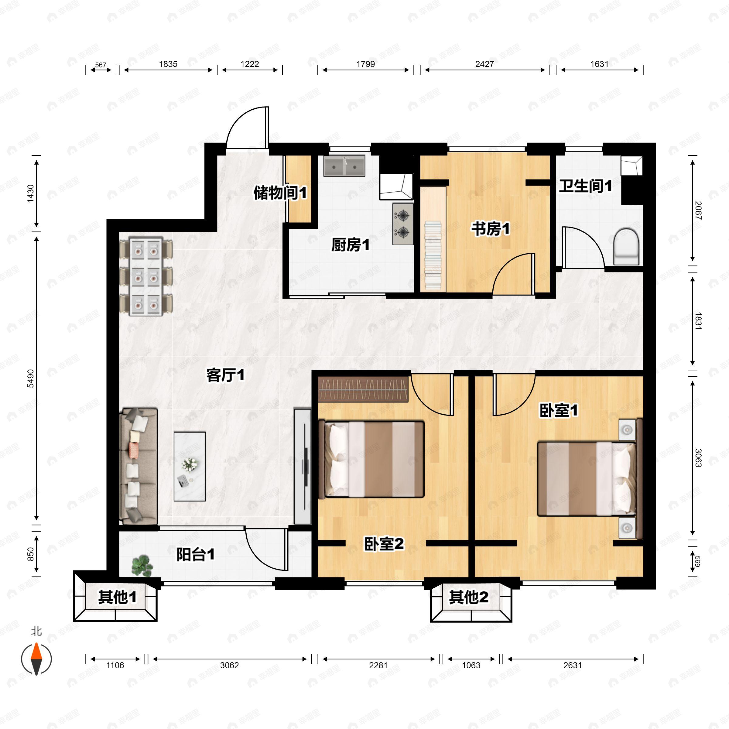 3室2厅1卫建面92平户型图
