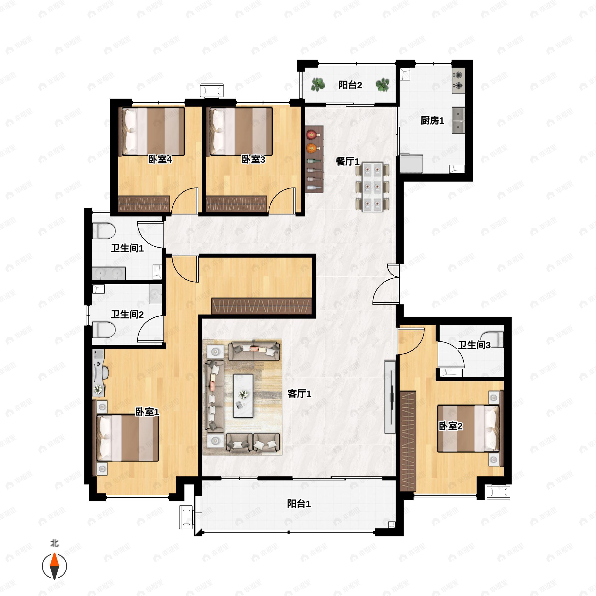 4室2厅3卫建面197平北|南户型图