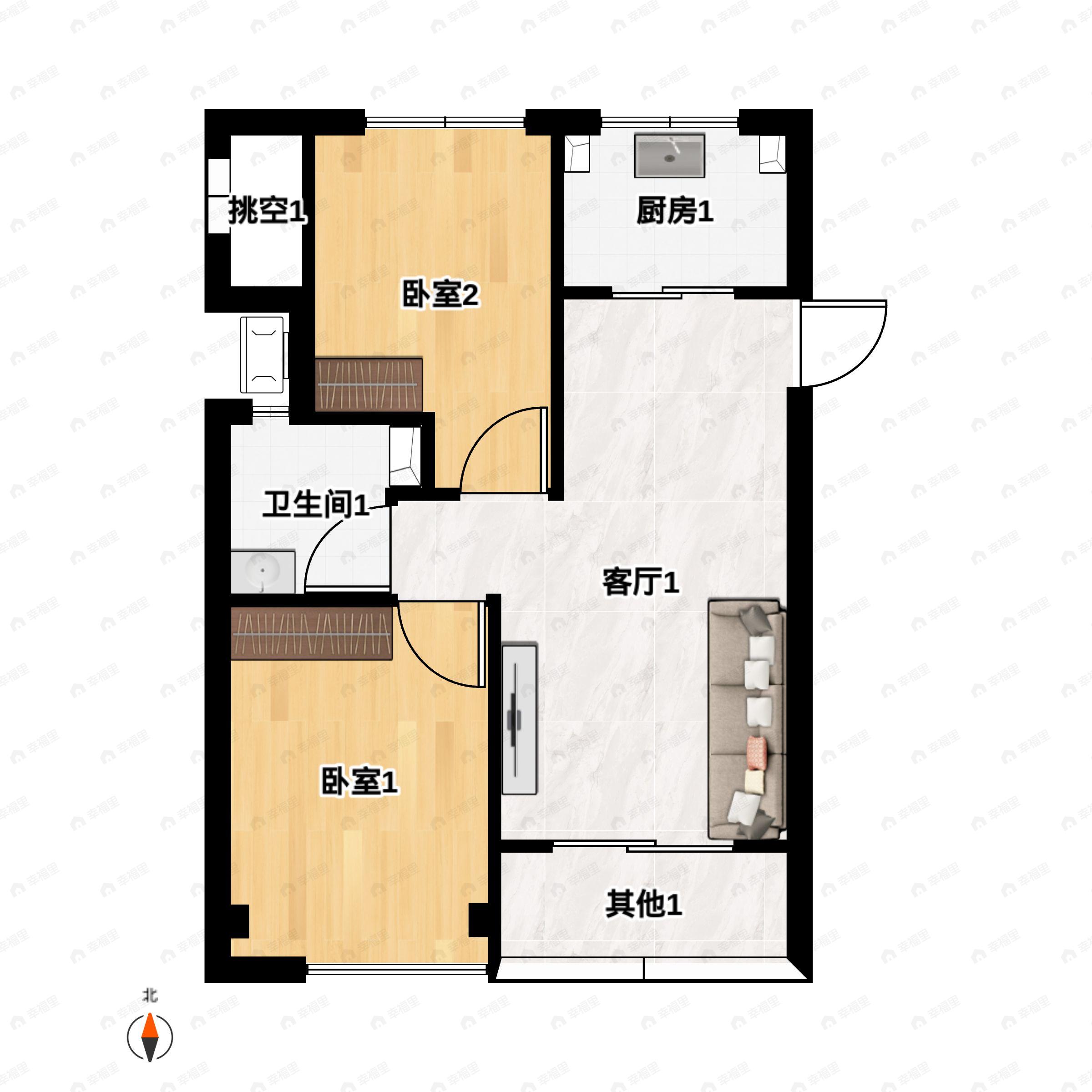 2室2厅1卫建面75平南户型图