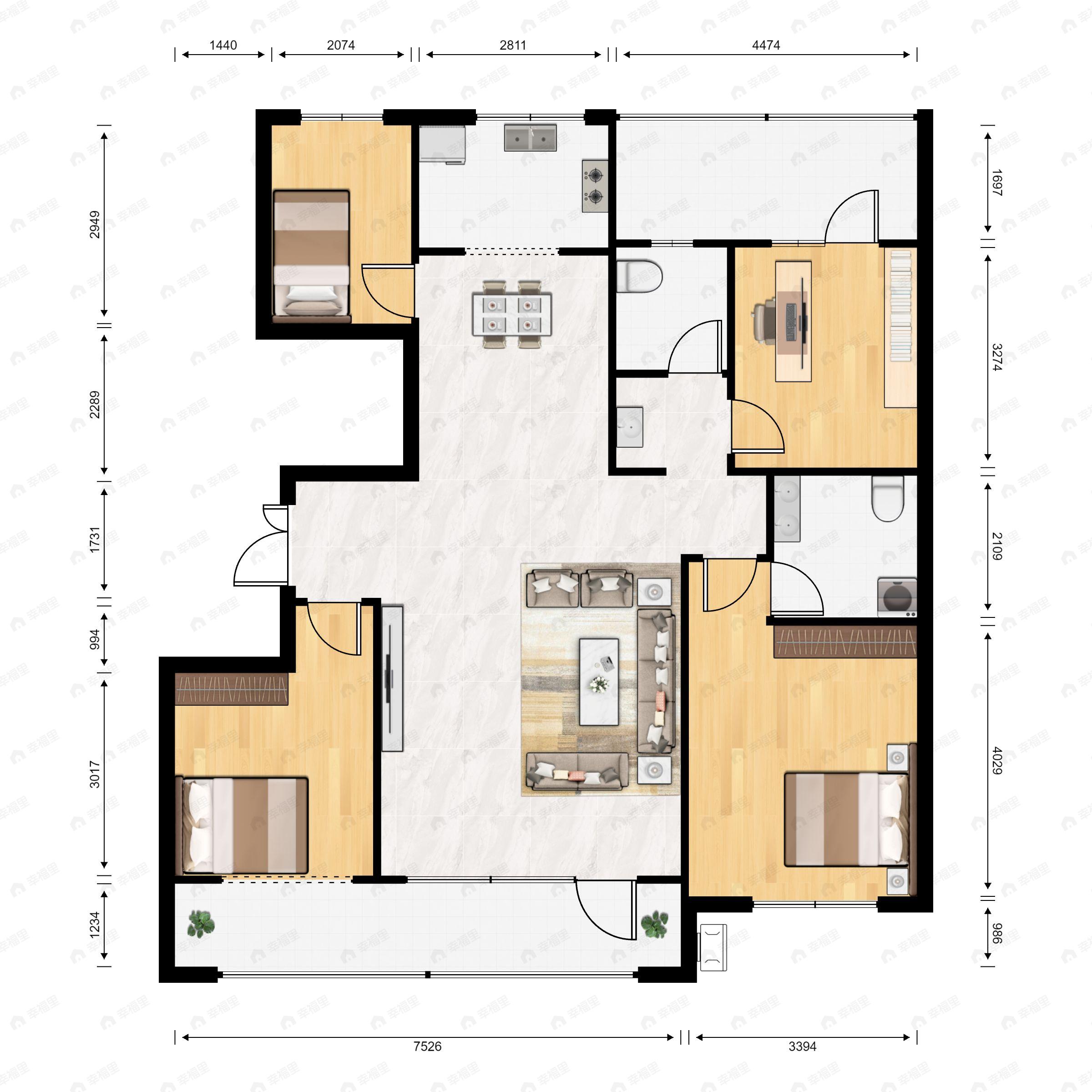 4室2厅2卫建面128平北|南户型图