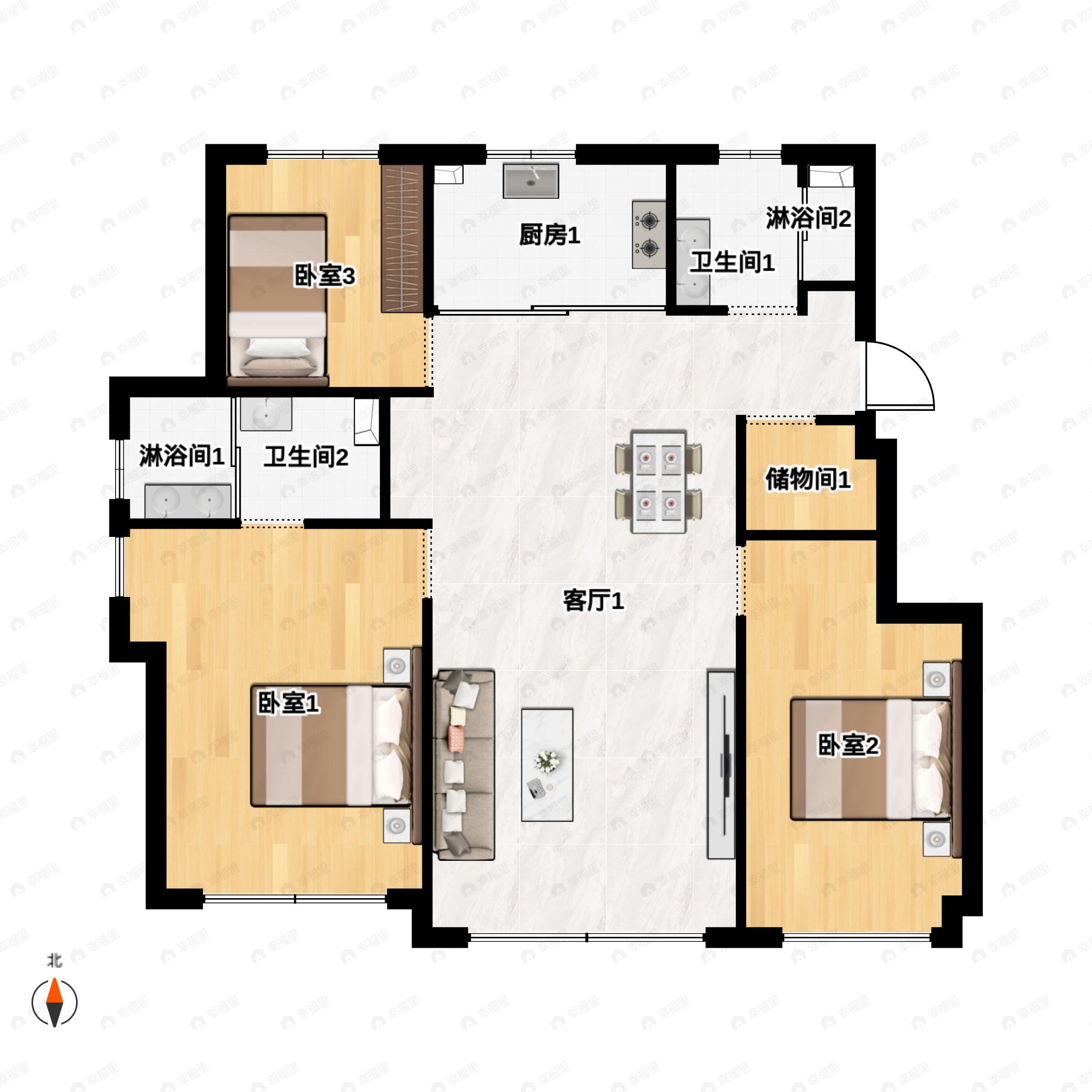 中海峰境南开3室2厅2卫户型图