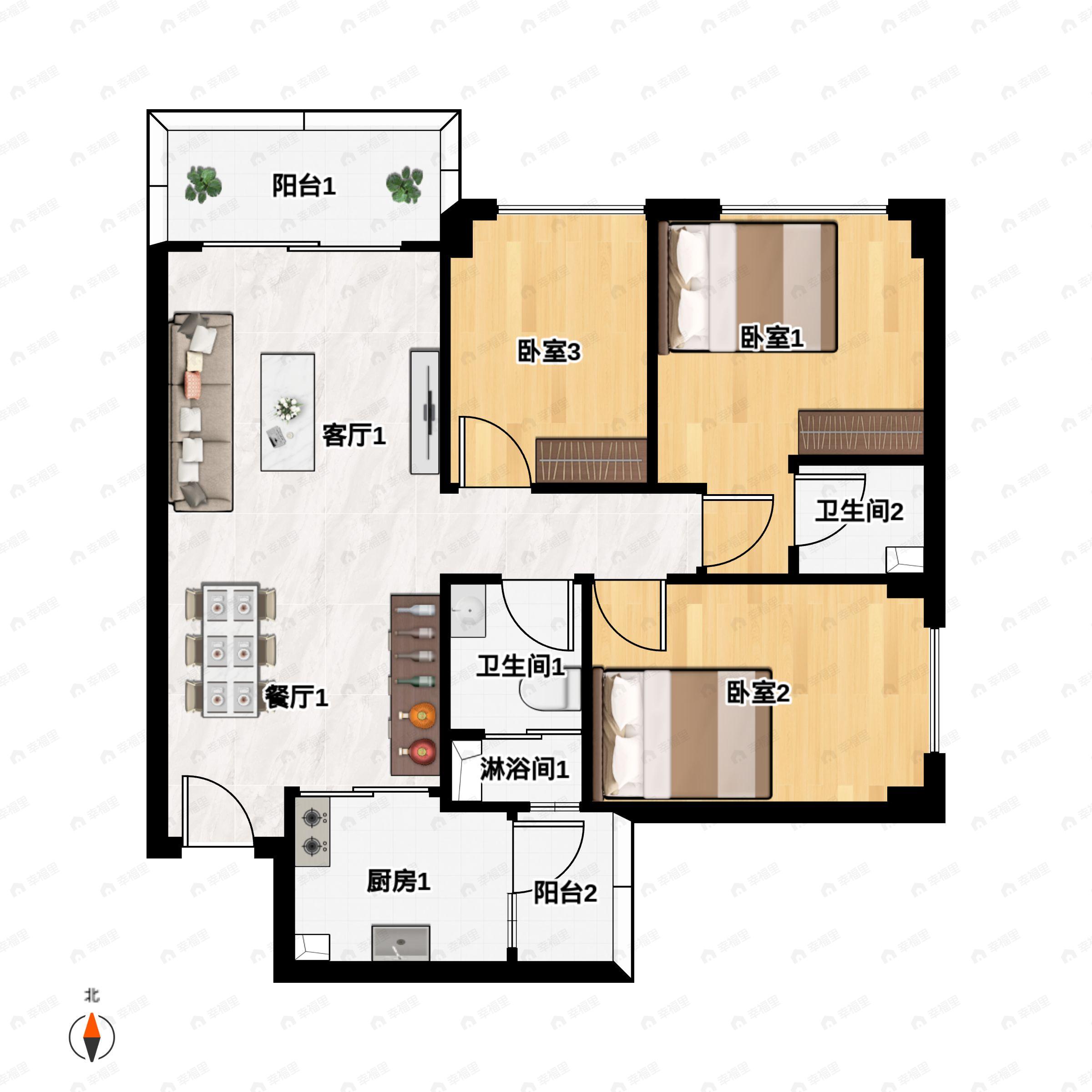 3室2厅2卫建面90m²北户型图