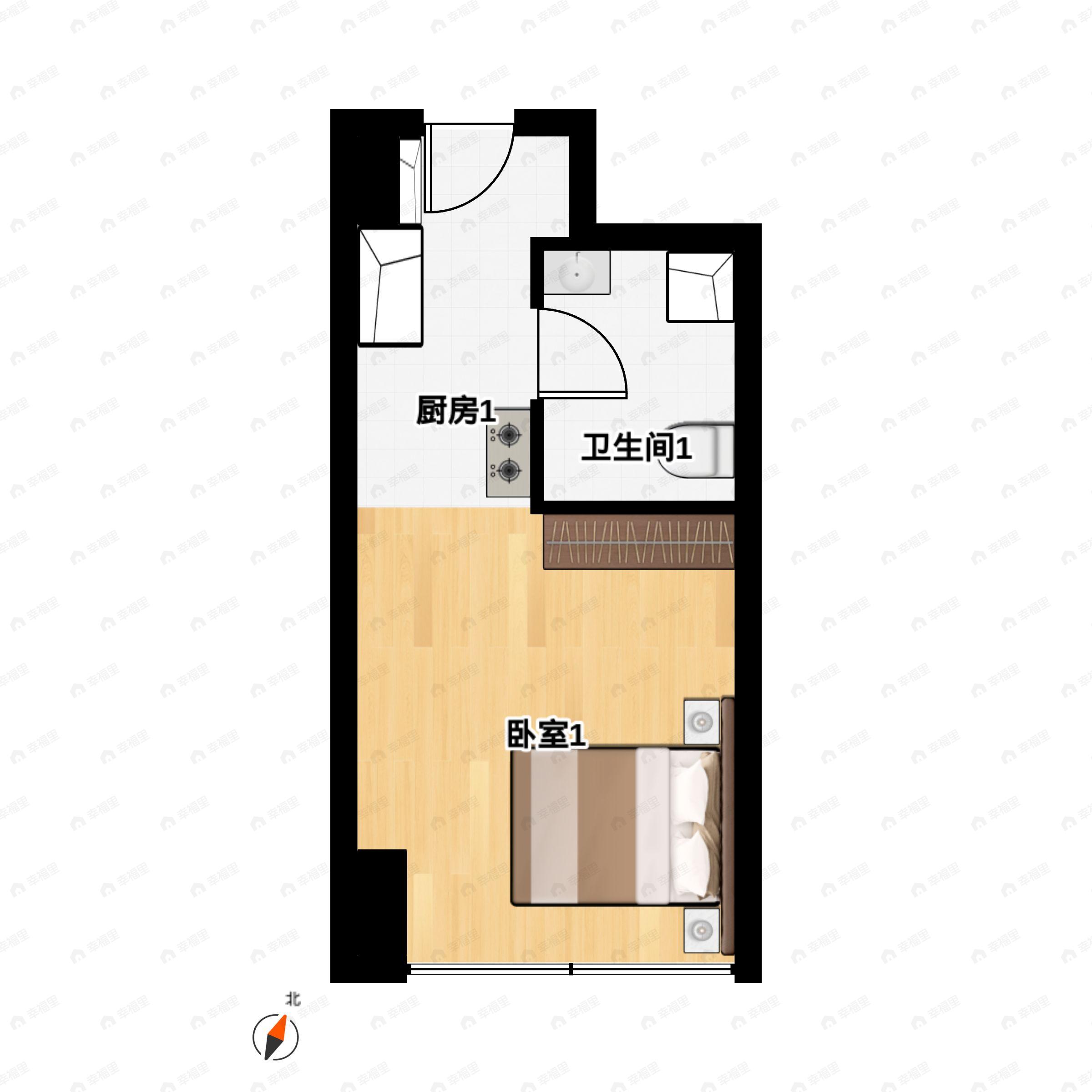 1室1厅1卫建面48平南户型图