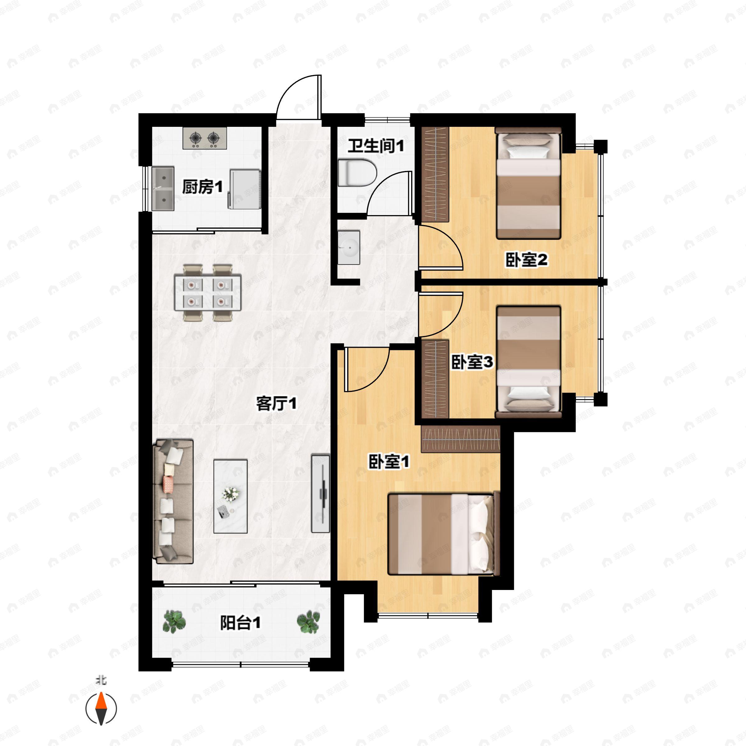 3室2厅1卫建面87平户型图