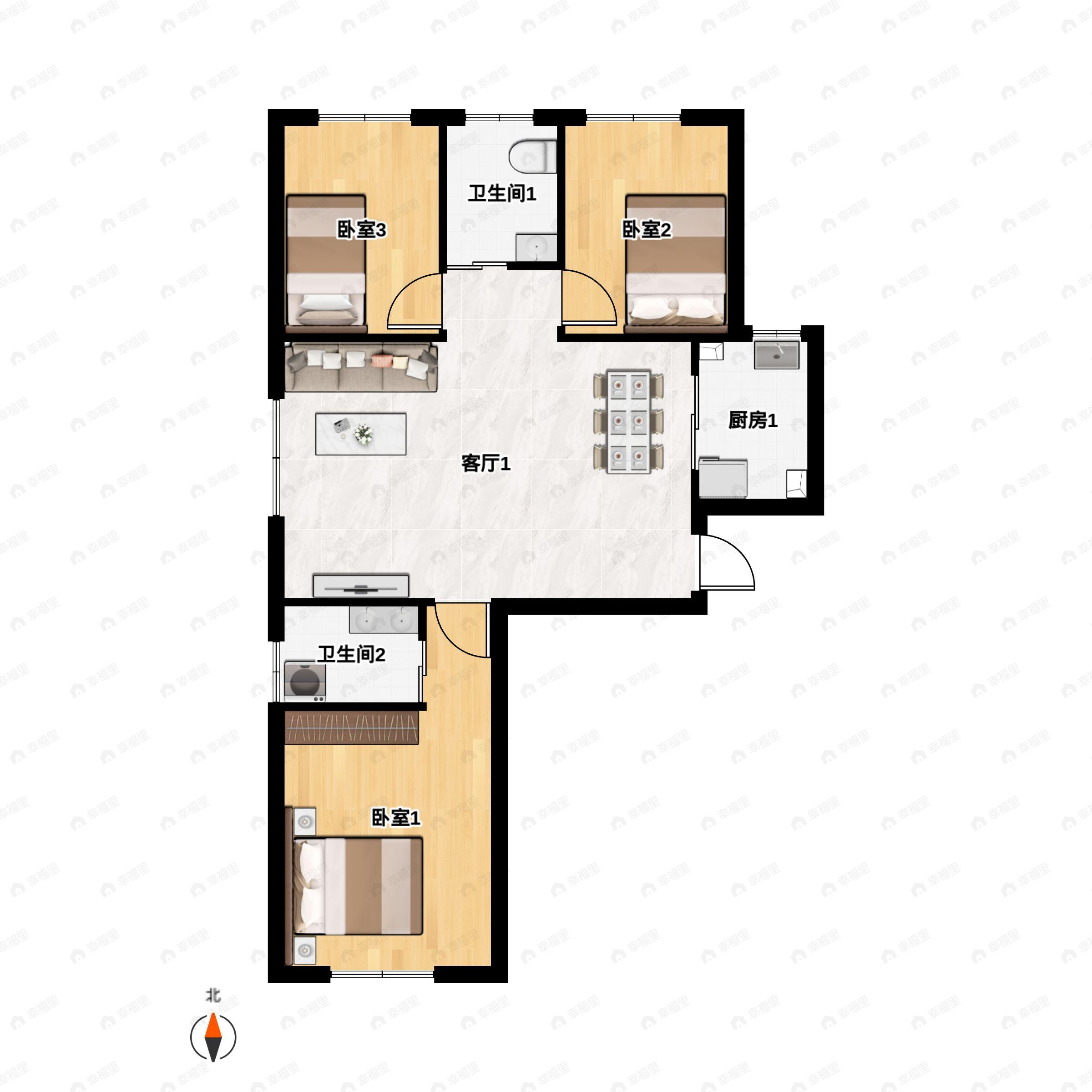 3室2厅2卫建面128平北|南户型图