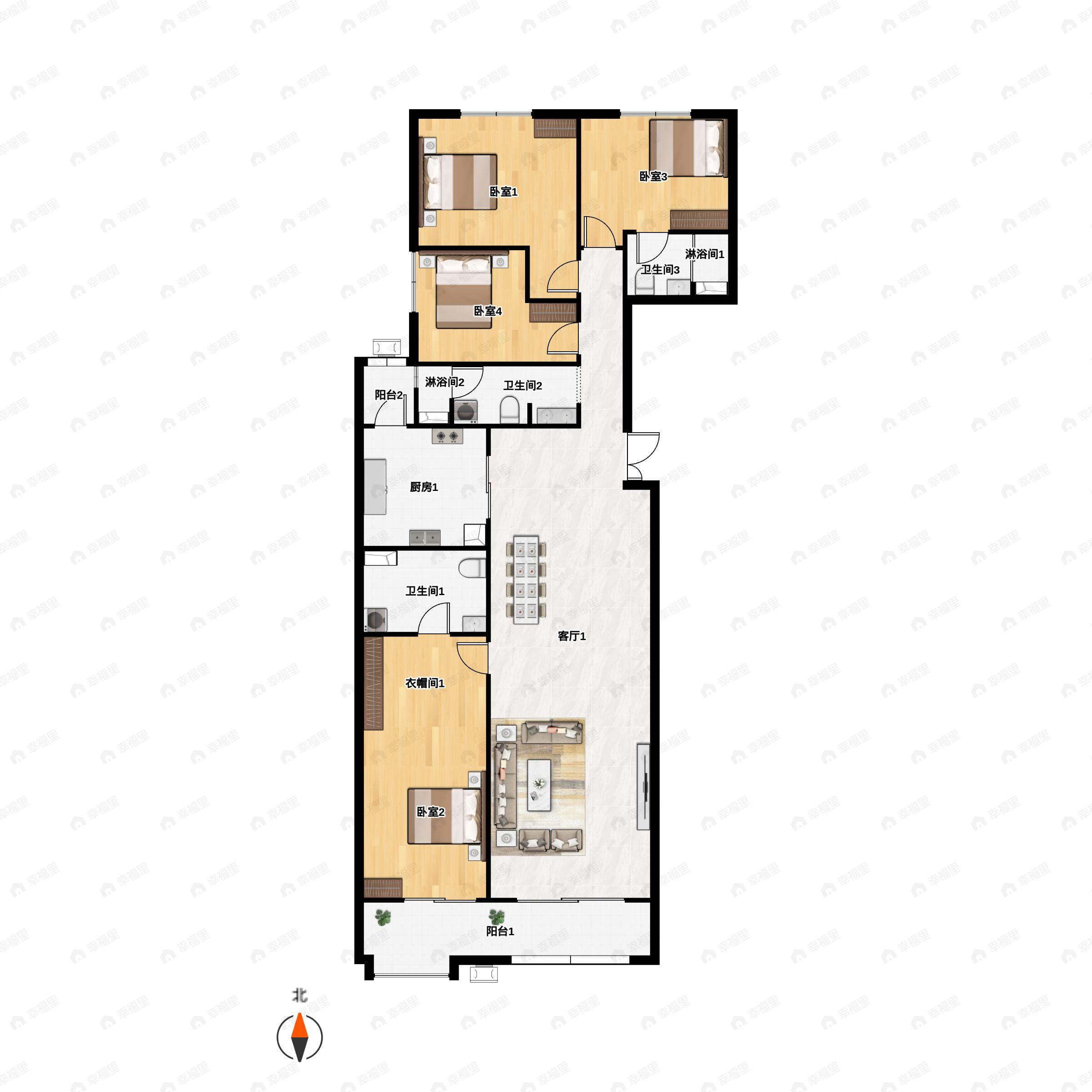 4室2厅3卫建面193平南|北户型图