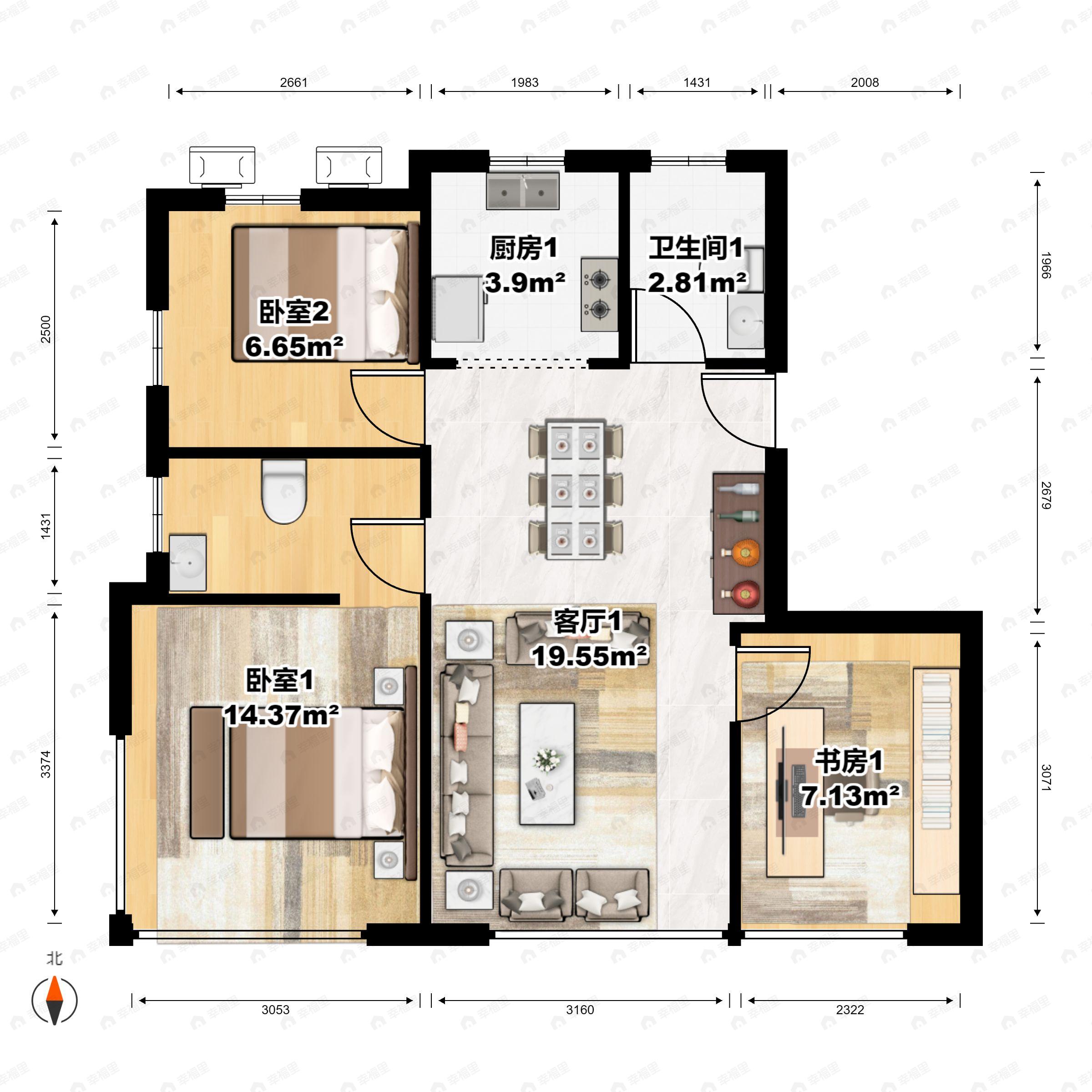 3室2厅2卫建面105m²南|北户型图