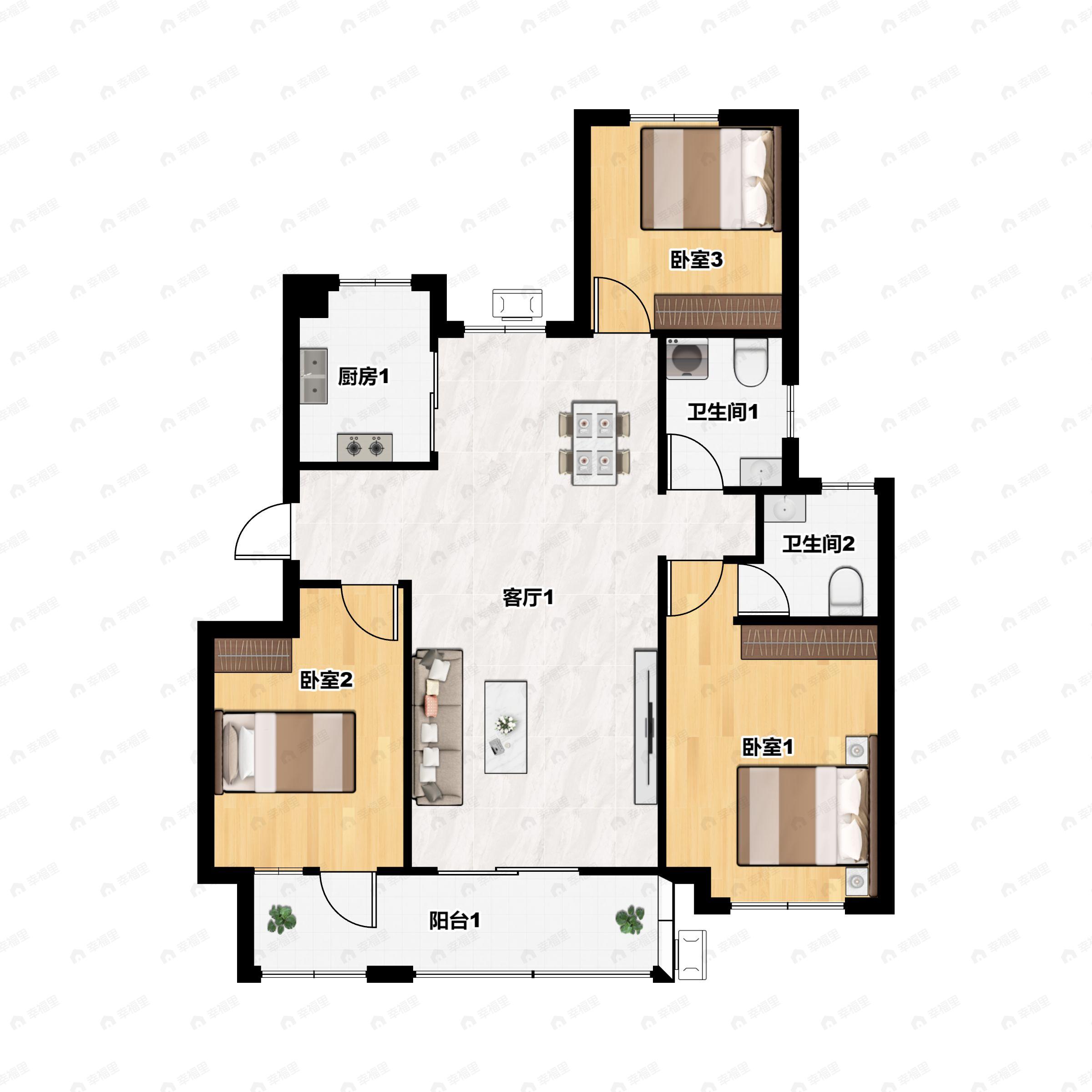 3室2厅2卫建面116平南户型图