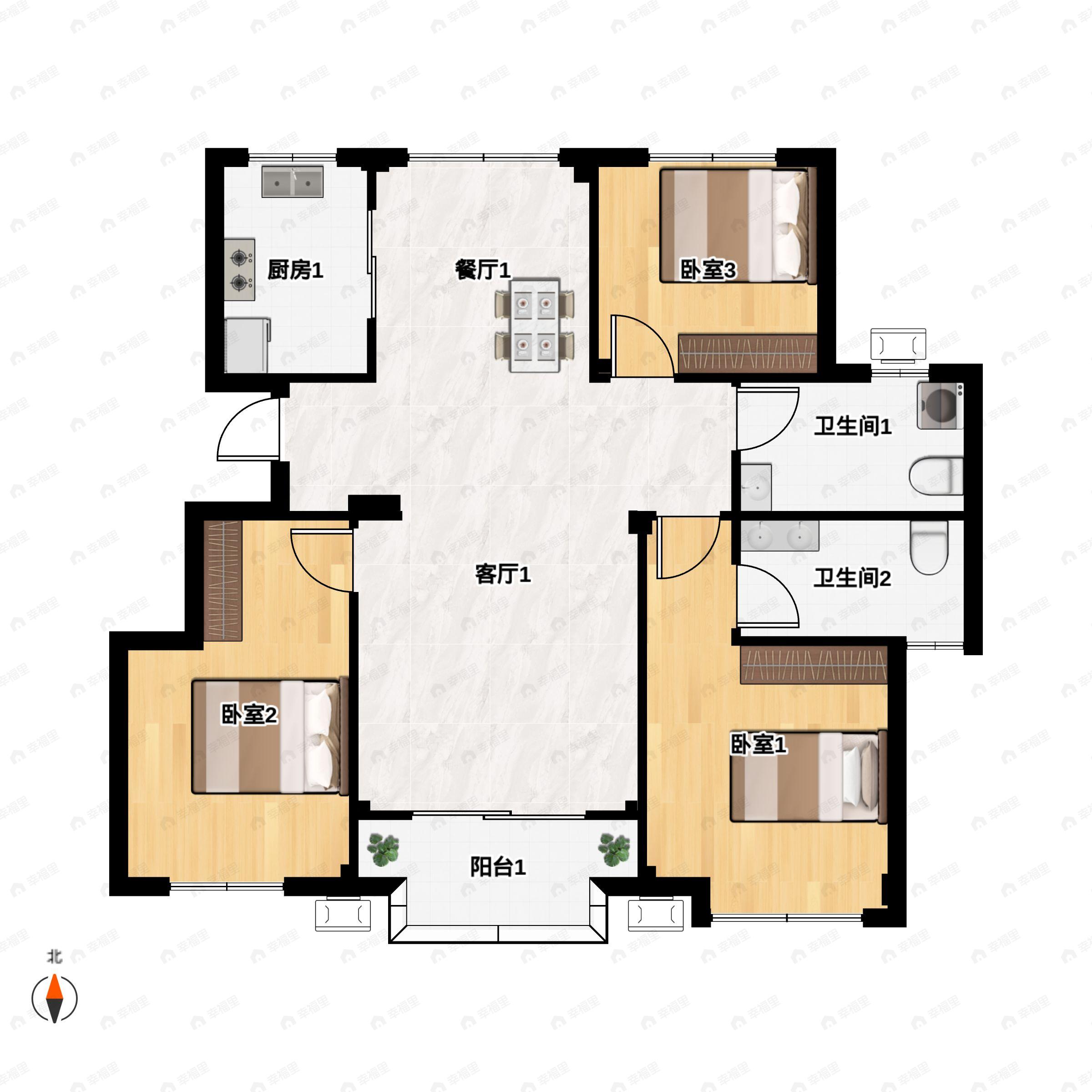 3室2厅2卫建面113平南|北户型图